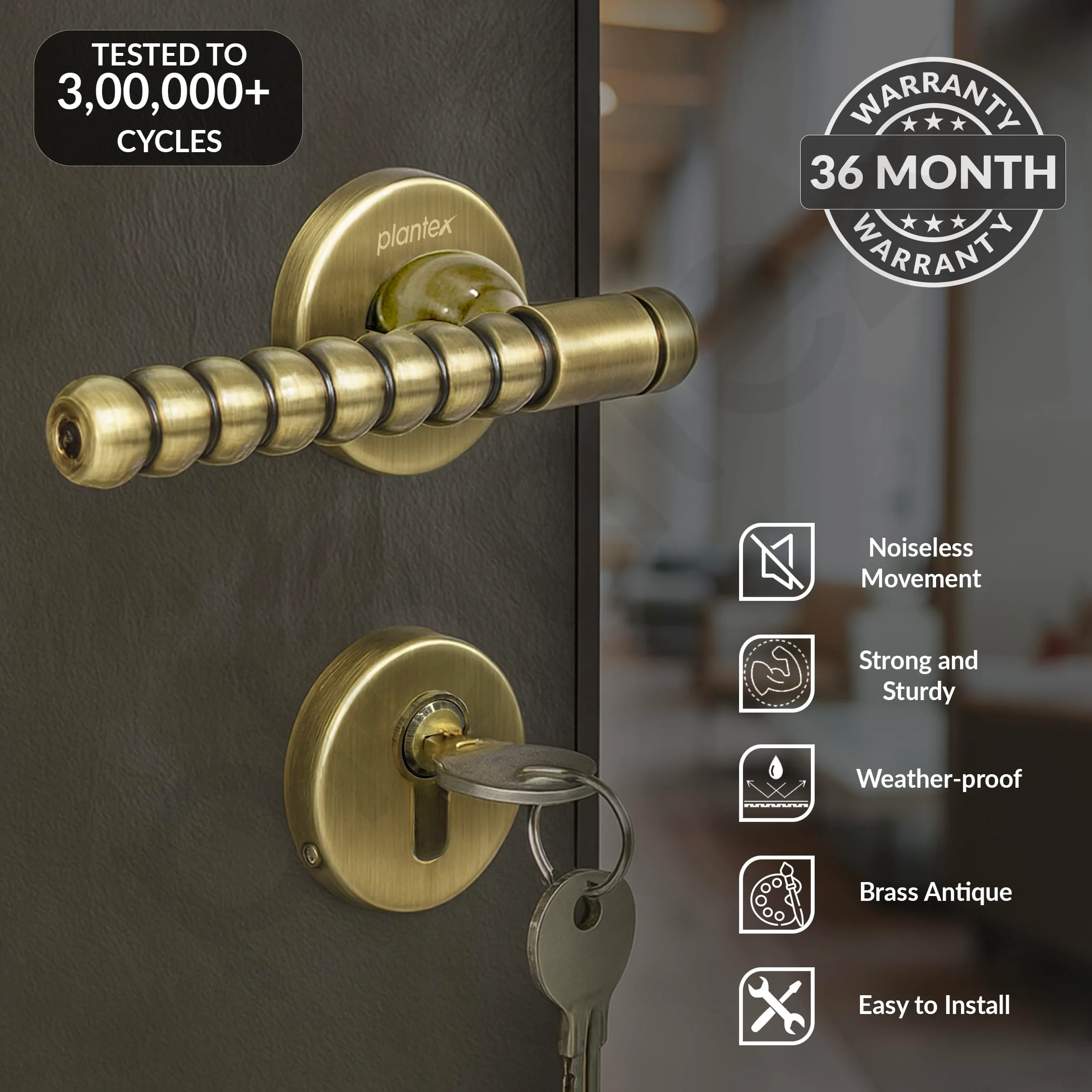 Plantex Mortise Door Lock/Heavy Duty Lock for Main Door/Mortise Locks for Home/Office/Hotel-3 Brass Keys (1031 - Brass Antique) - Image 2