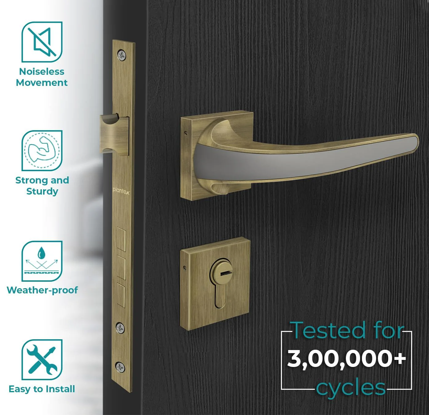 Plantex Mortise Door Lock/Heavy Duty Lock for Main Door/Mortise Locks for Home/Office/Hotel-3 Brass Keys (7091 - Brass Antique & Satin Black Matt) - Image 2
