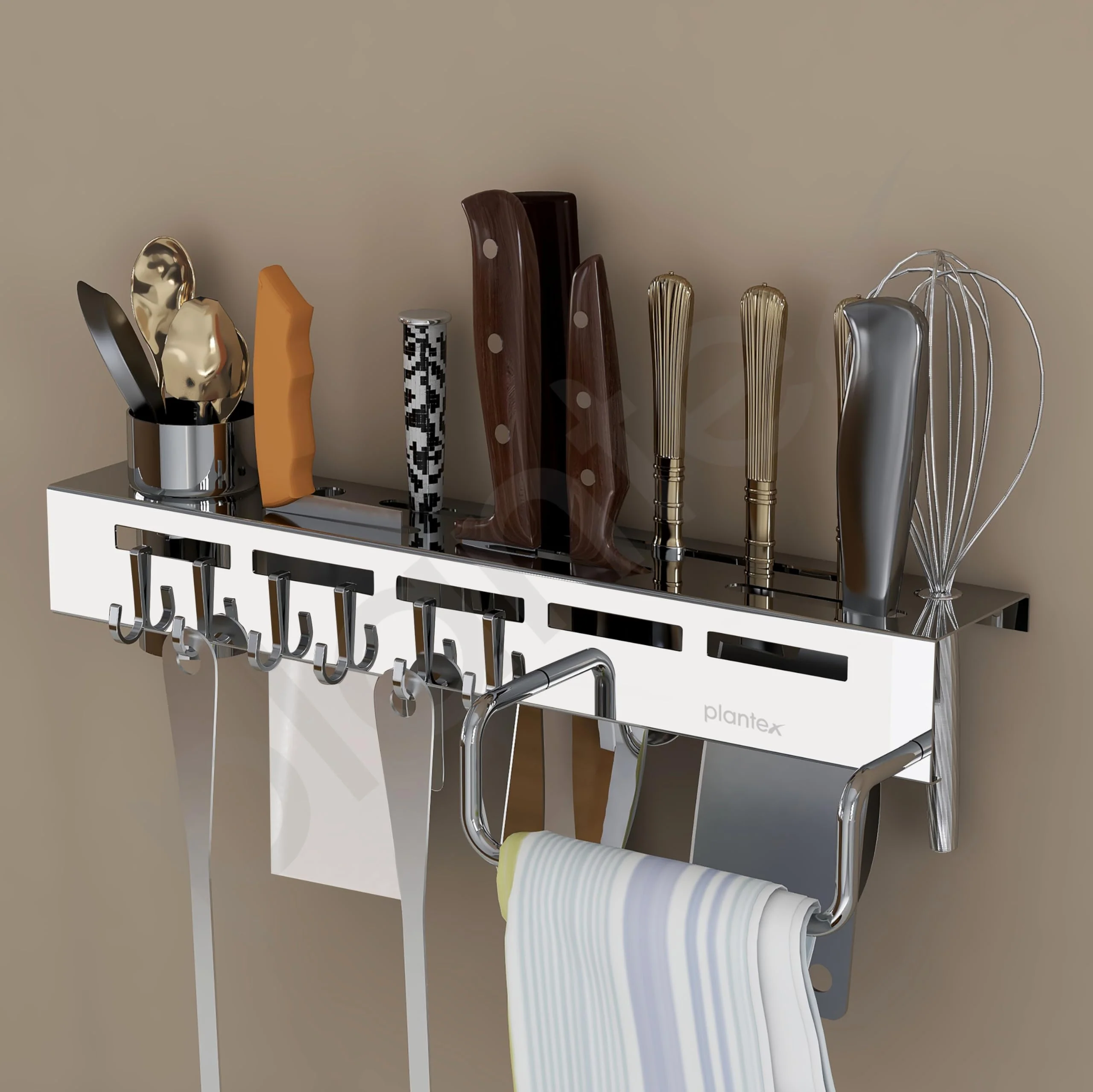 Plantex Multifunctional Stainless Steel Kitchen Cutlery Organizer/Knife Holder/Cutlery Stand/Spatula-Ladle Holder with Adjustable Hooks and Towel Hanger (Chrome) - Image 7