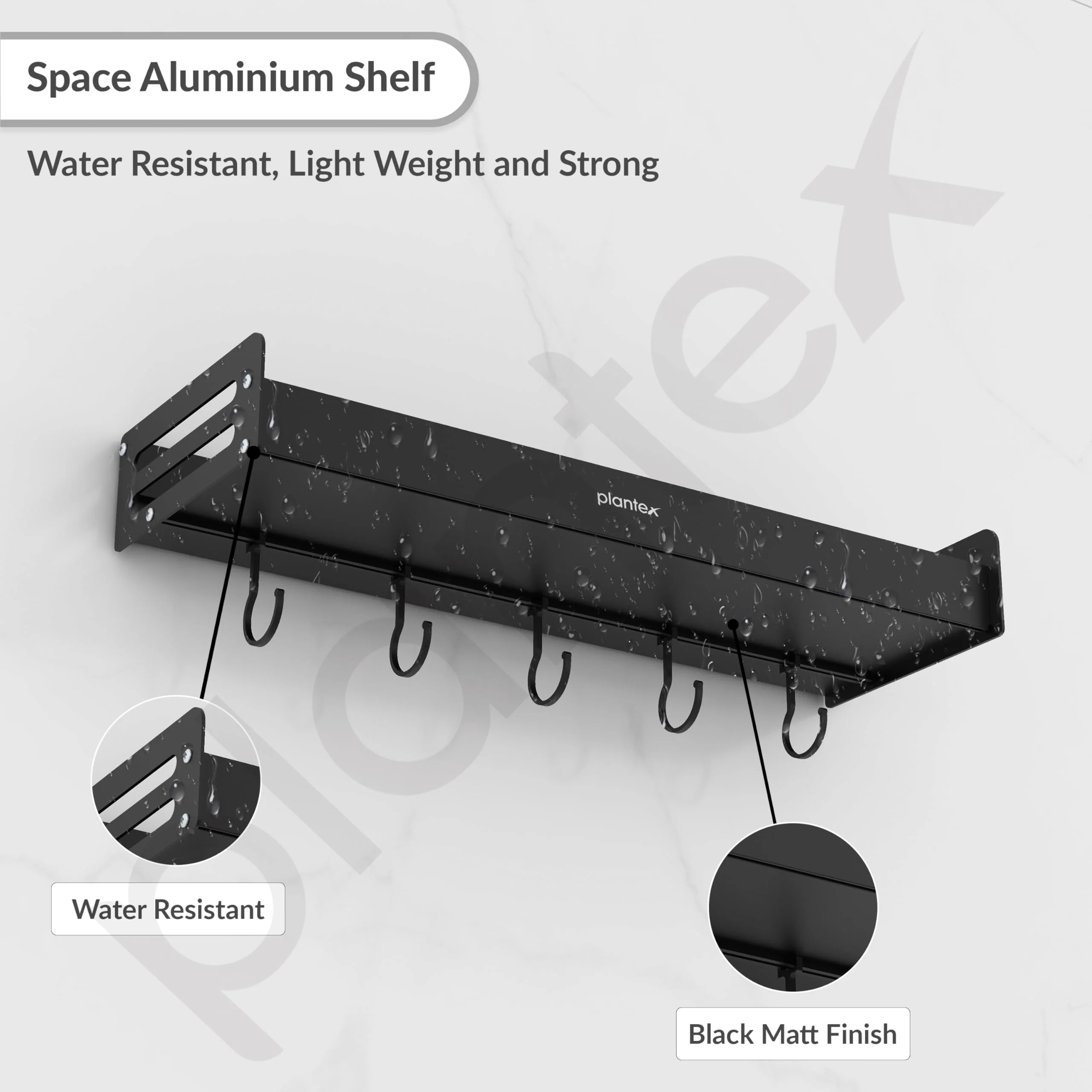 Plantex Multipurpose Aluminium Bathroom Wall Shelf/Bathroom Shelf Rack with Movable Hooks/Bathroom Accessories Set/Shelf for Bathrooms/Kitchen Organiser -(Black) - Image 2
