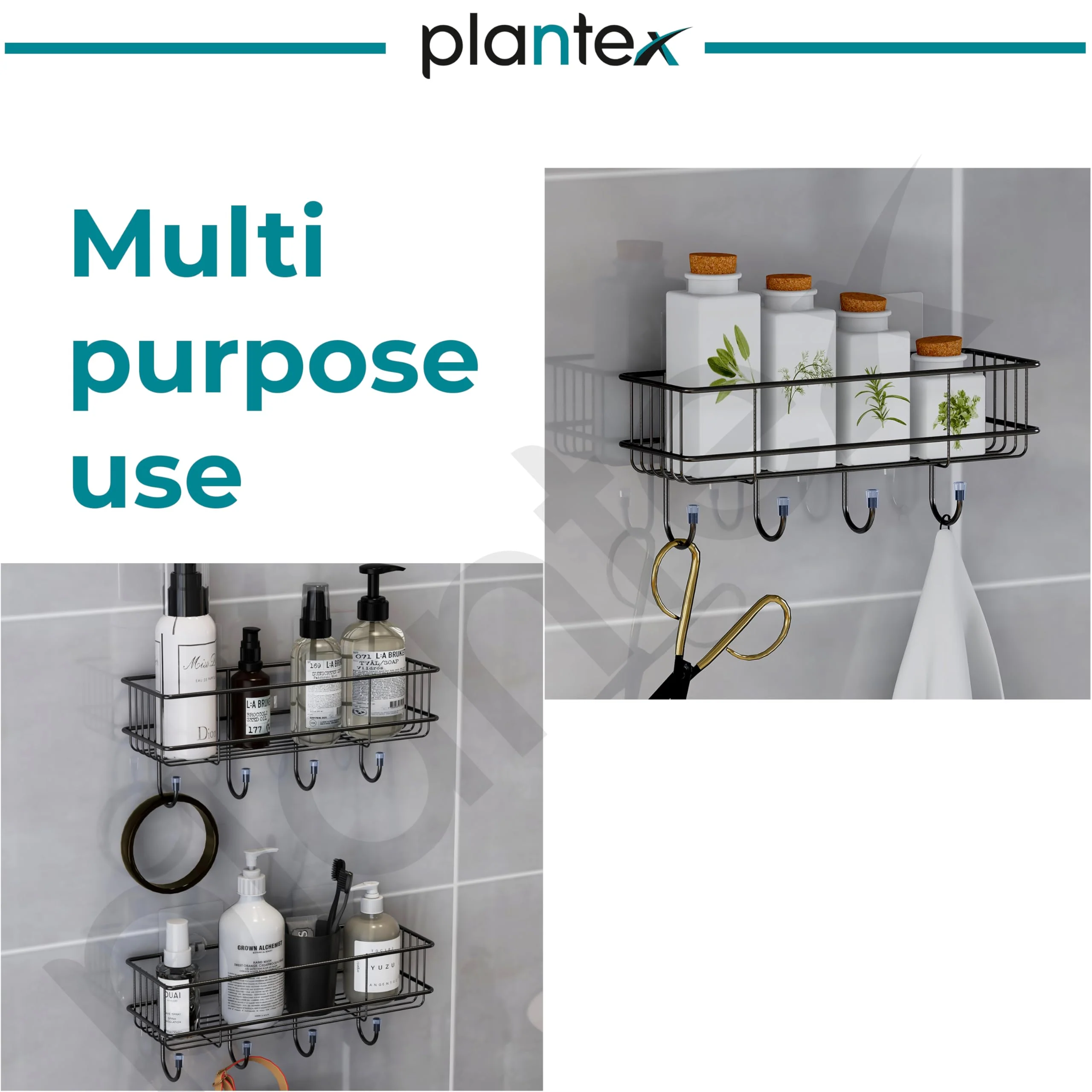 Plantex Multipurpose Bathroom Organiser Without Drill/GI Steel Self-Adhesive Shelf/Wall Mounted Shelf for Bathroom with Hooks- Pack of 2 (Black,Powder Coated) - Image 6