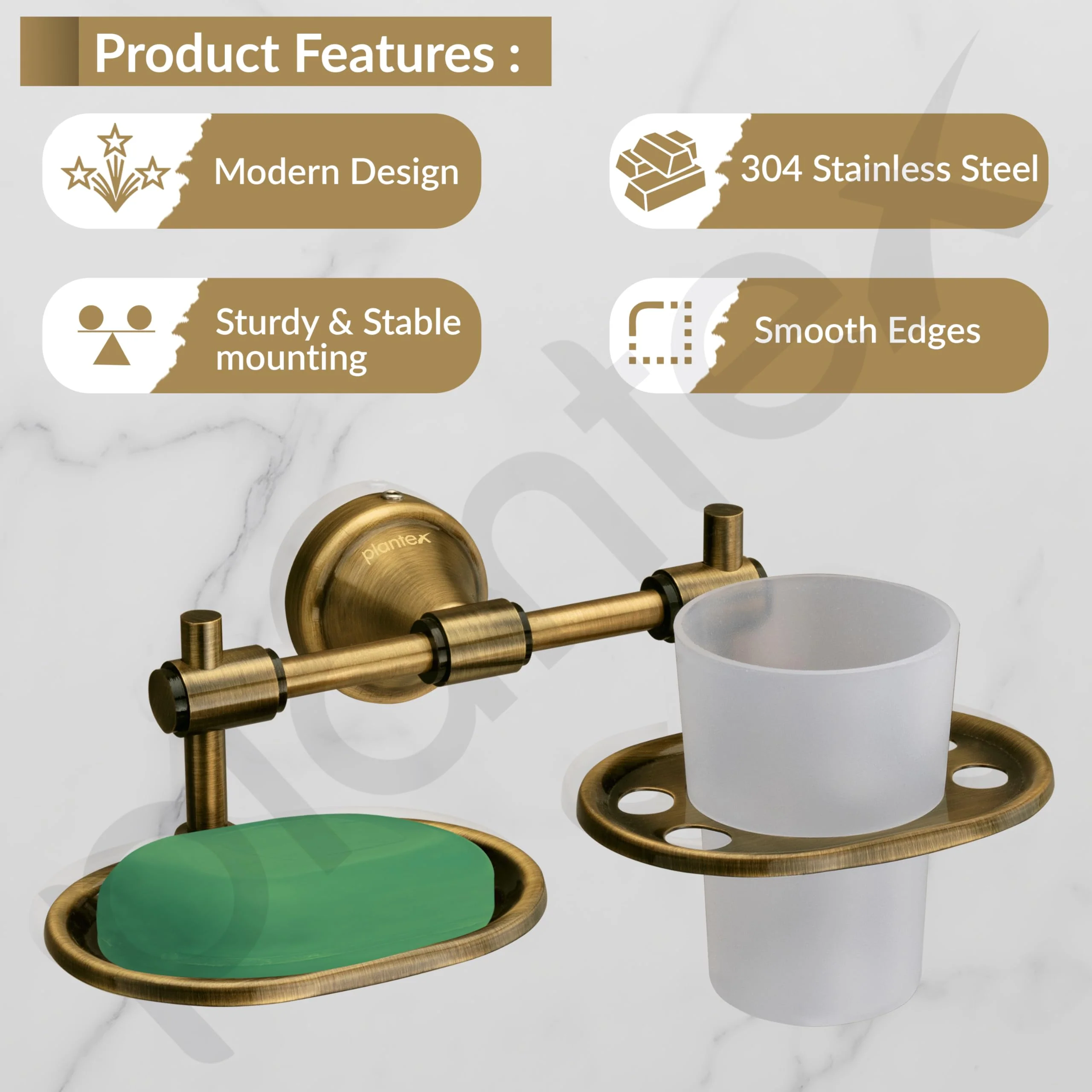 Plantex Niko Stainless Steel 304 Grade 2in1 Soap Dish with Tumbler Holder/Soap Stand/Tooth Brush Holder/Bathroom Accessories (Brass Antique) - Image 2