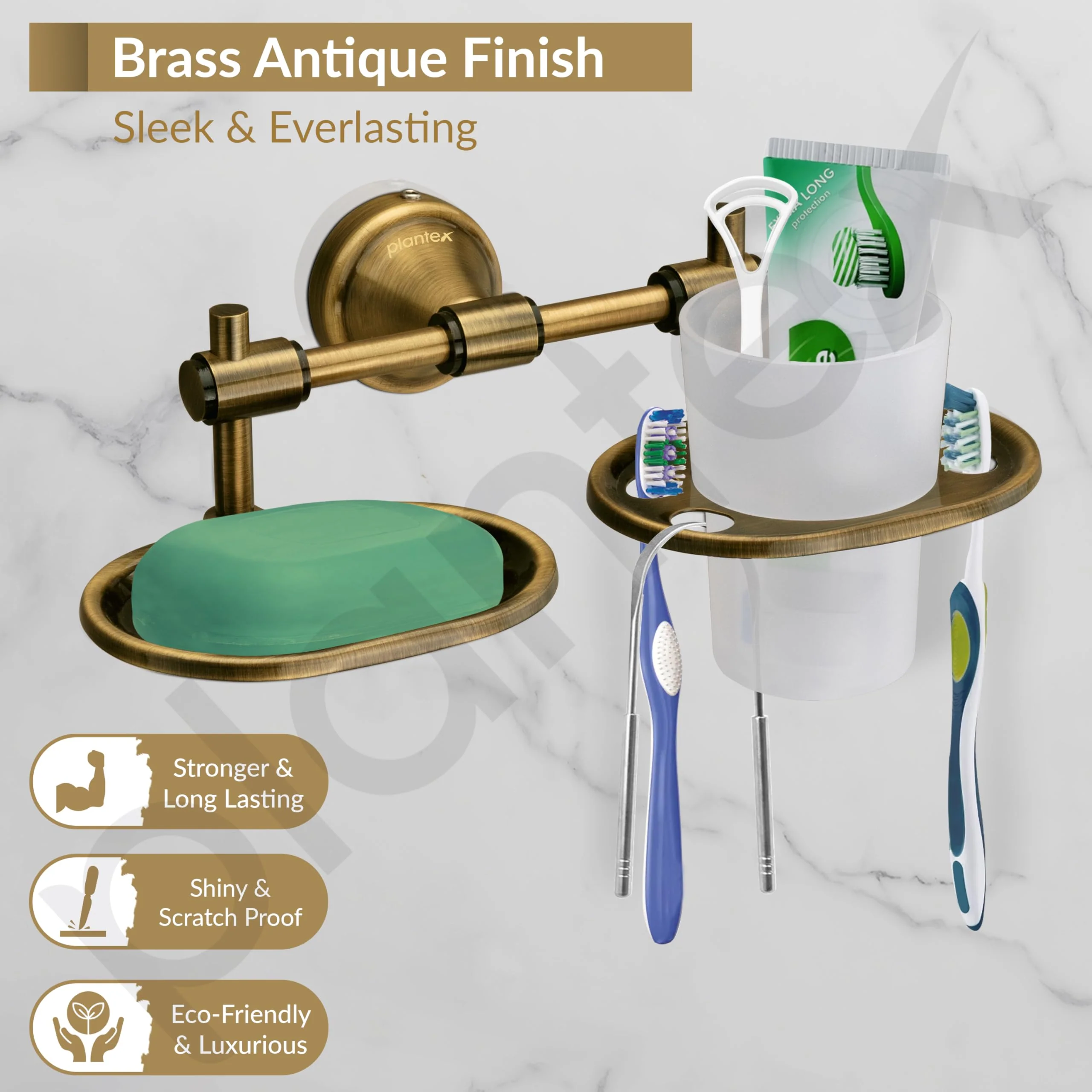 Plantex Niko Stainless Steel 304 Grade 2in1 Soap Dish with Tumbler Holder/Soap Stand/Tooth Brush Holder/Bathroom Accessories (Brass Antique) - Image 3