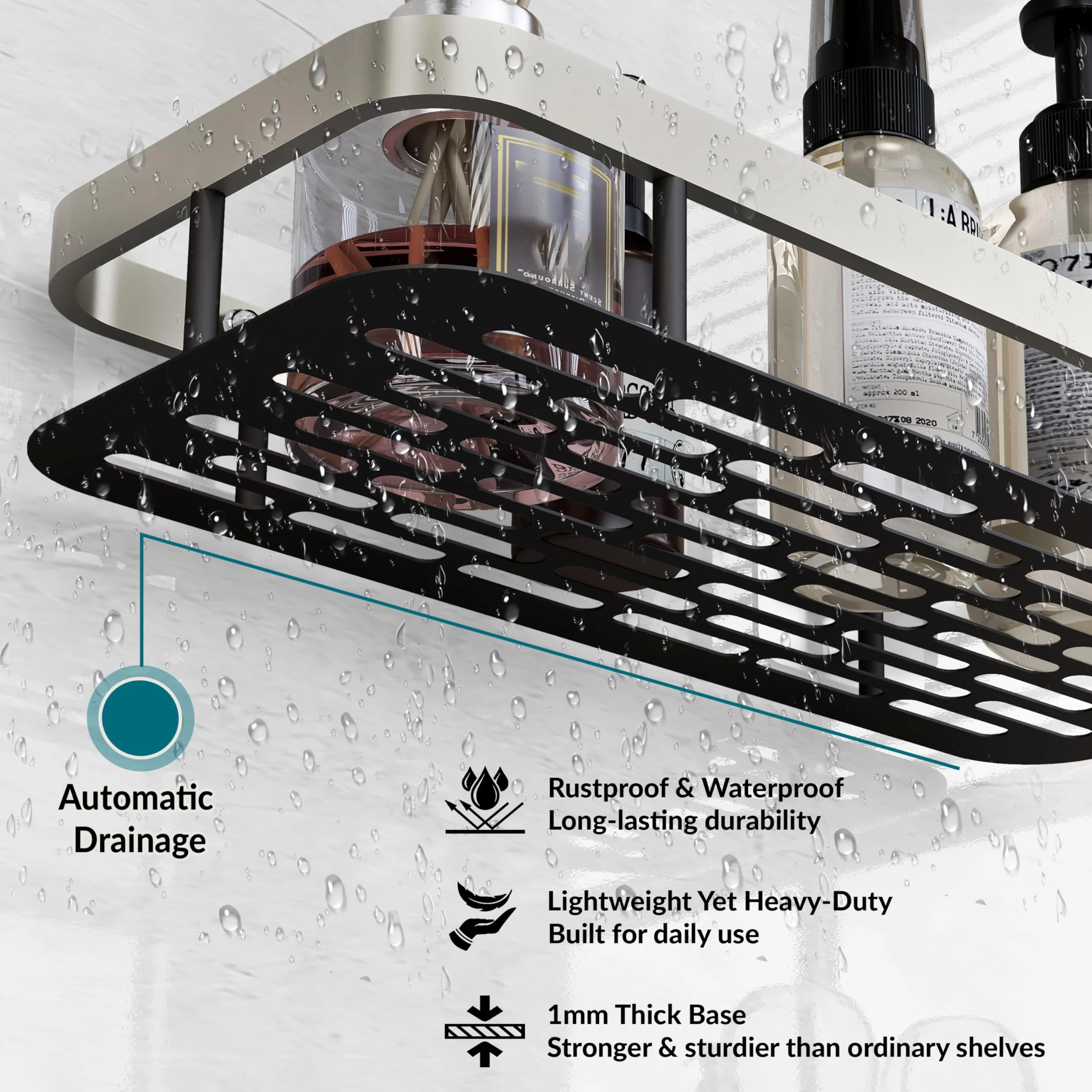Plantex No Drill Bathroom Organiser/Self Adhesive Stainless Steel Shelf for Bathroom with Aluminium Railing/Shelf for Bedroom- Pack of 2 (12x5 inches, Satin & Black) - Image 2