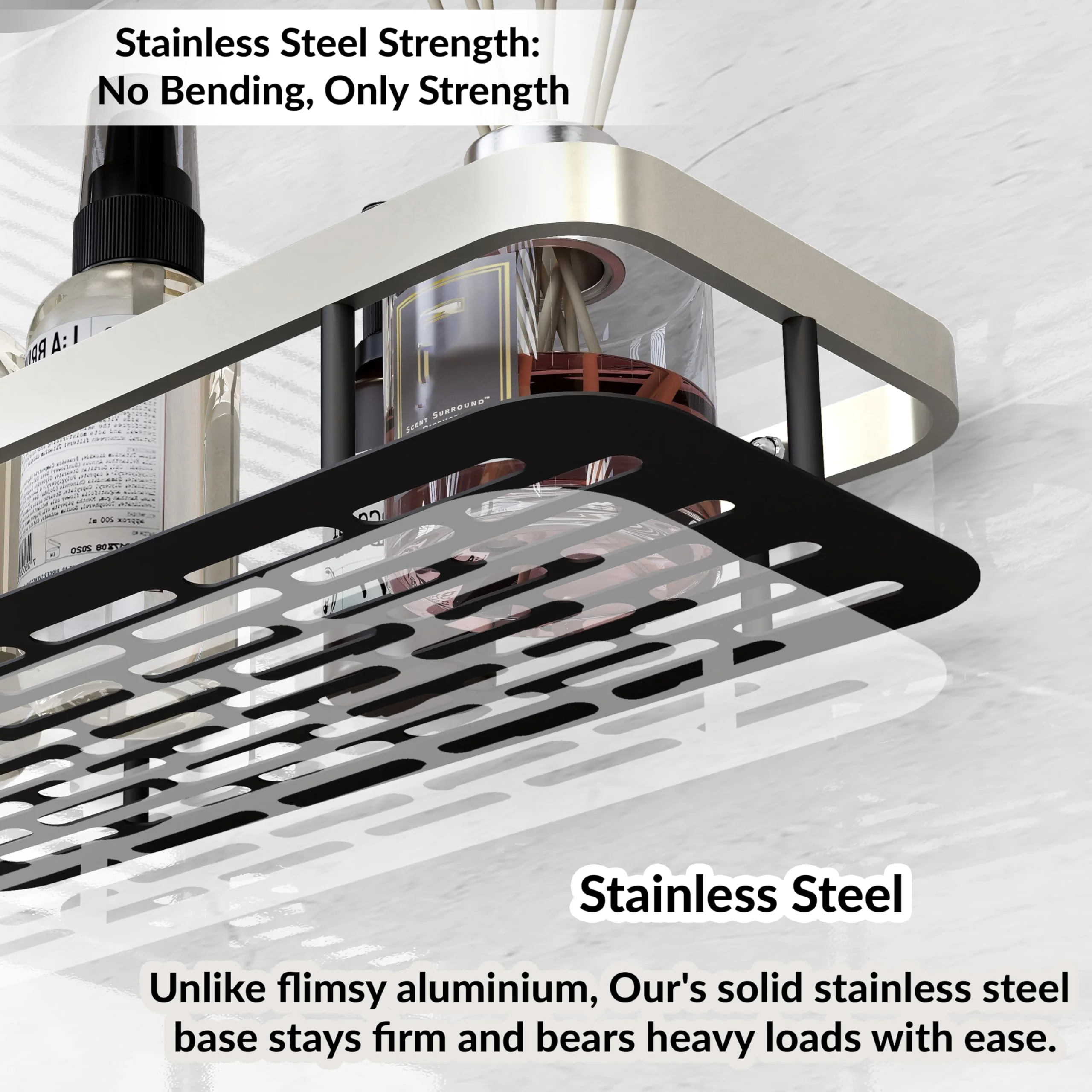 Plantex No Drill Bathroom Organiser/Self Adhesive Stainless Steel Shelf for Bathroom with Aluminium Railing/Shelf for Bedroom- Pack of 2 (12x5 inches, Satin & Black) - Image 4