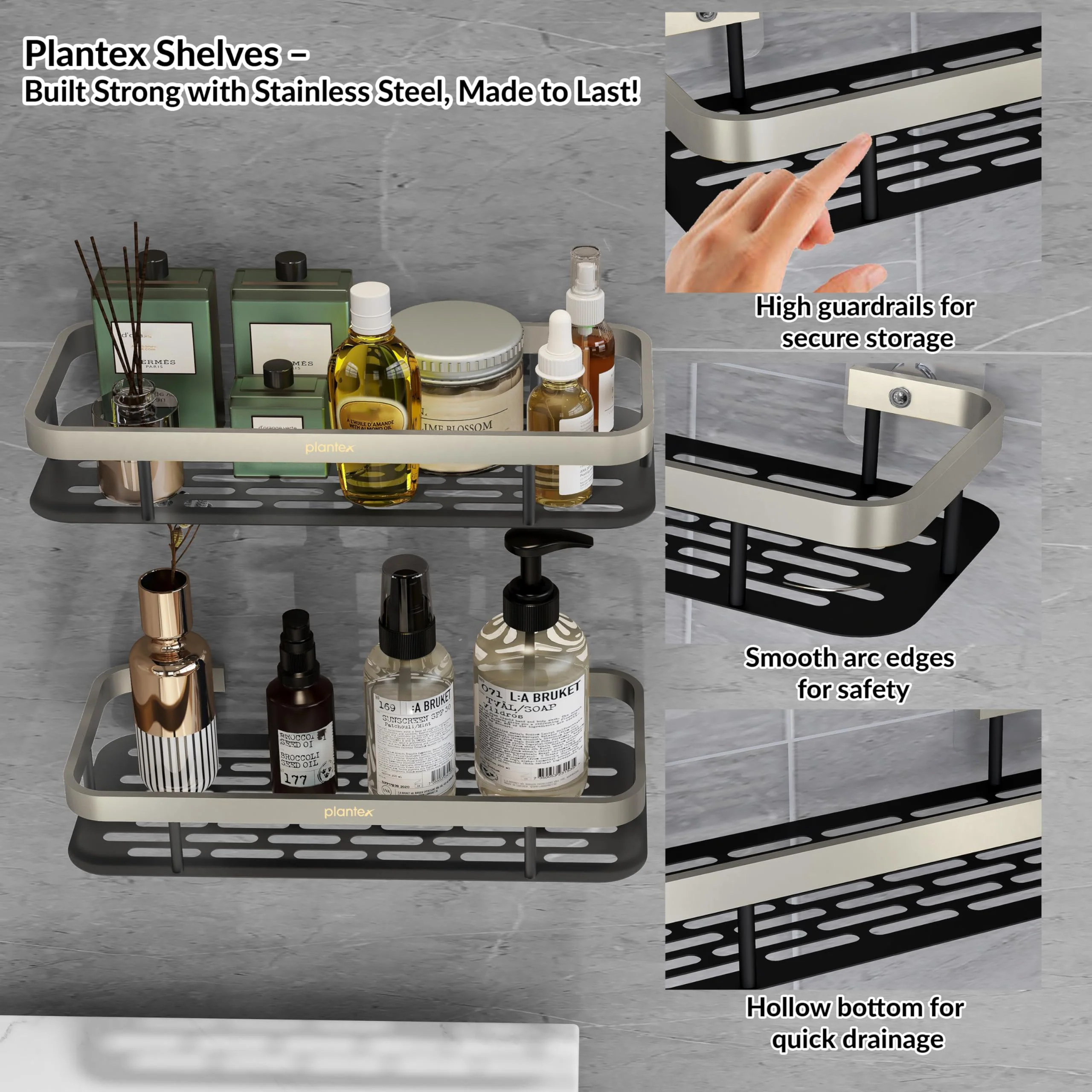 Plantex No Drill Bathroom Organiser/Self Adhesive Stainless Steel Shelf for Bathroom with Aluminium Railing/Shelf for Bedroom- Pack of 2 (12x5 inches, Satin & Black) - Image 7