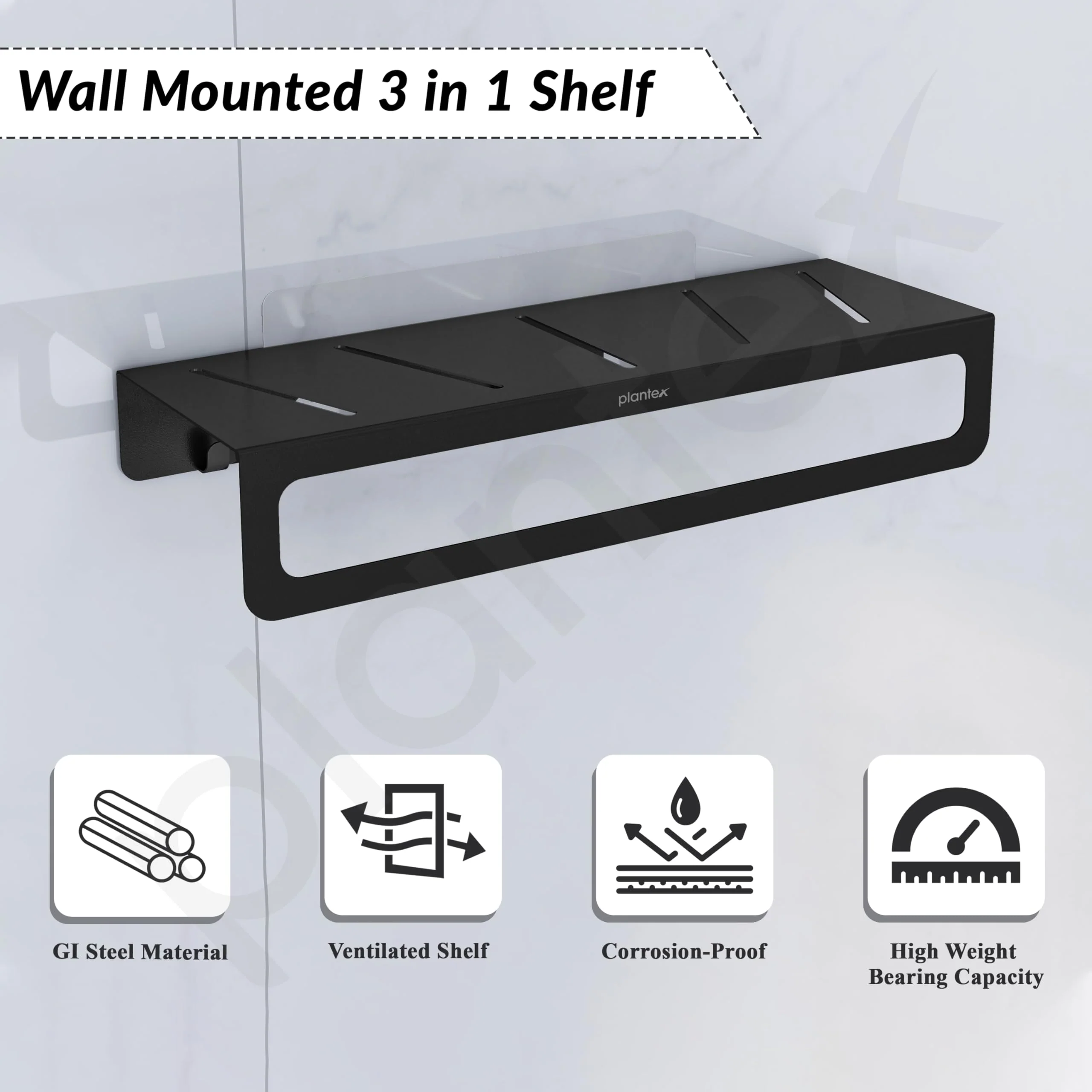 Plantex No Drill Bathroom Organiser/Self Adhesive Wall Mount Multipurpose Shelf/Rack/Towel Rod/Hooks for Bathroom - Pack of 1 (15 x 5 Inch, Black) - Image 3