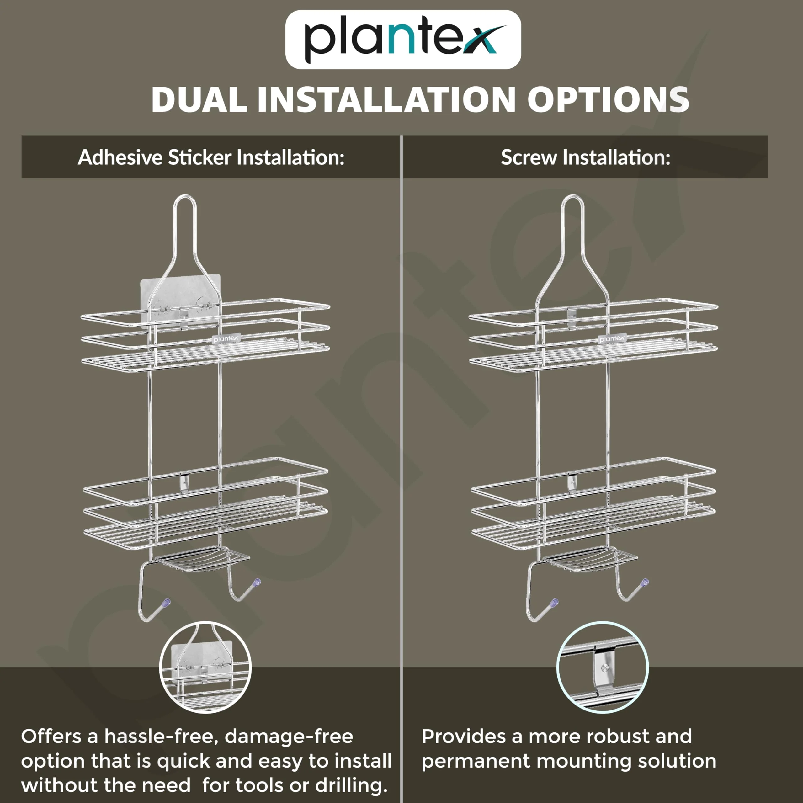 Plantex No Drill Bathroom Organiser/Shower Caddy for Bathroom Hanging/5in1 Stainless Steel Shelf with Soap Holder and Hooks (Big Size-Square Shape-Chrome Finish) - Image 4