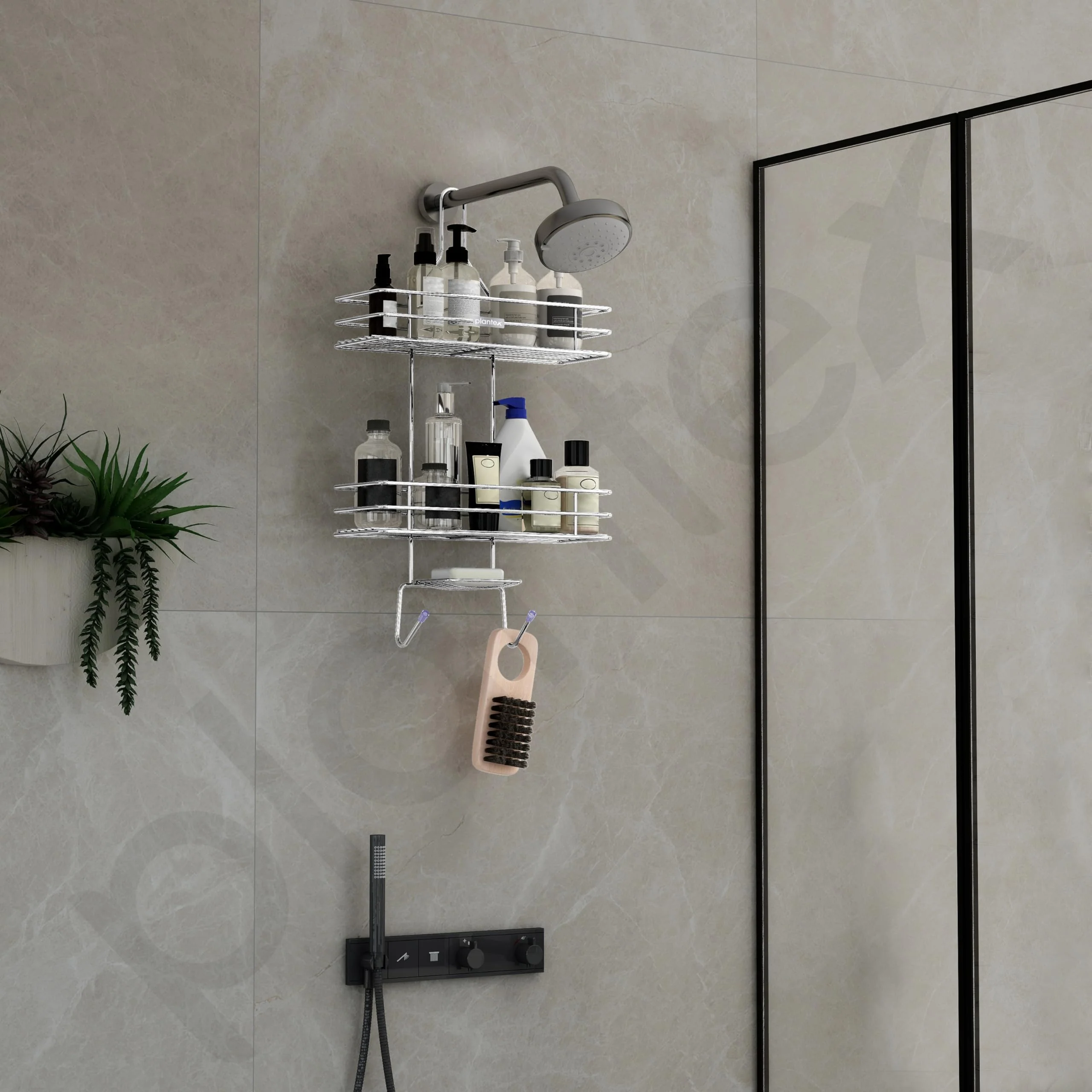 Plantex No Drill Bathroom Organiser/Shower Caddy for Bathroom Hanging/5in1 Stainless Steel Shelf with Soap Holder and Hooks (Big Size-Square Shape-Chrome Finish) - Image 7