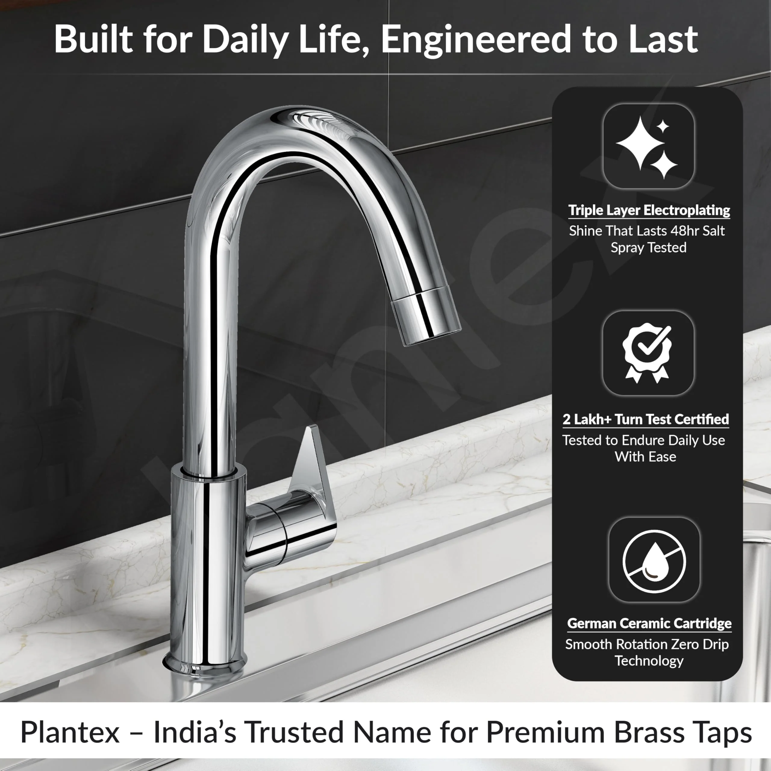 Plantex PAC-1812 Kitchen Sink Tap with Water Efficient Tap Aerator/Wall Mount Sink Tap for Kitchen Basin with 360° Swivel Spout (Chrome) - Image 3