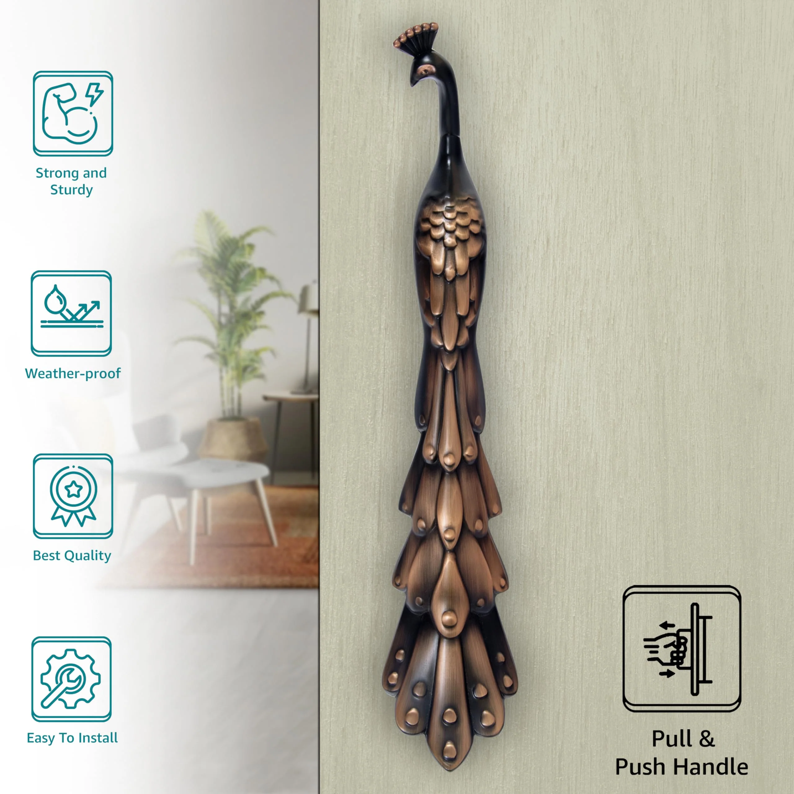 Plantex Peacock Door Handle For Main Door/16-Inches Main Door Handle/Push Handle For Glass/Wooden Door Of Home/Hotel/Office - Pack Of 1 (Rich Copper Antique) - Image 2