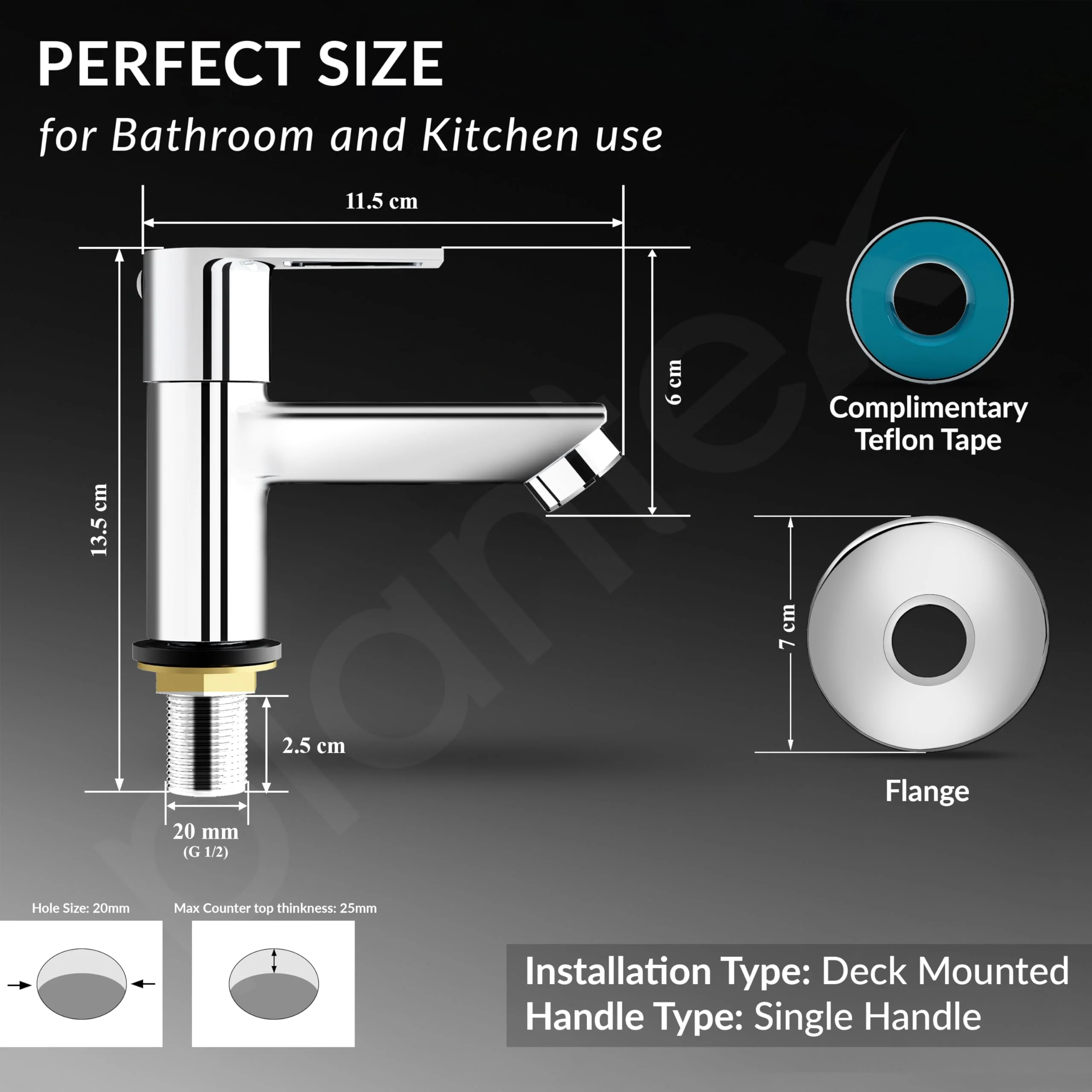 Plantex Pillar Cock Water Tap/Pure Brass Pillar Cock for Wash Basin with Teflon Tape/Single Lever Tabletop Basin Tap - (Chrome) - Image 5