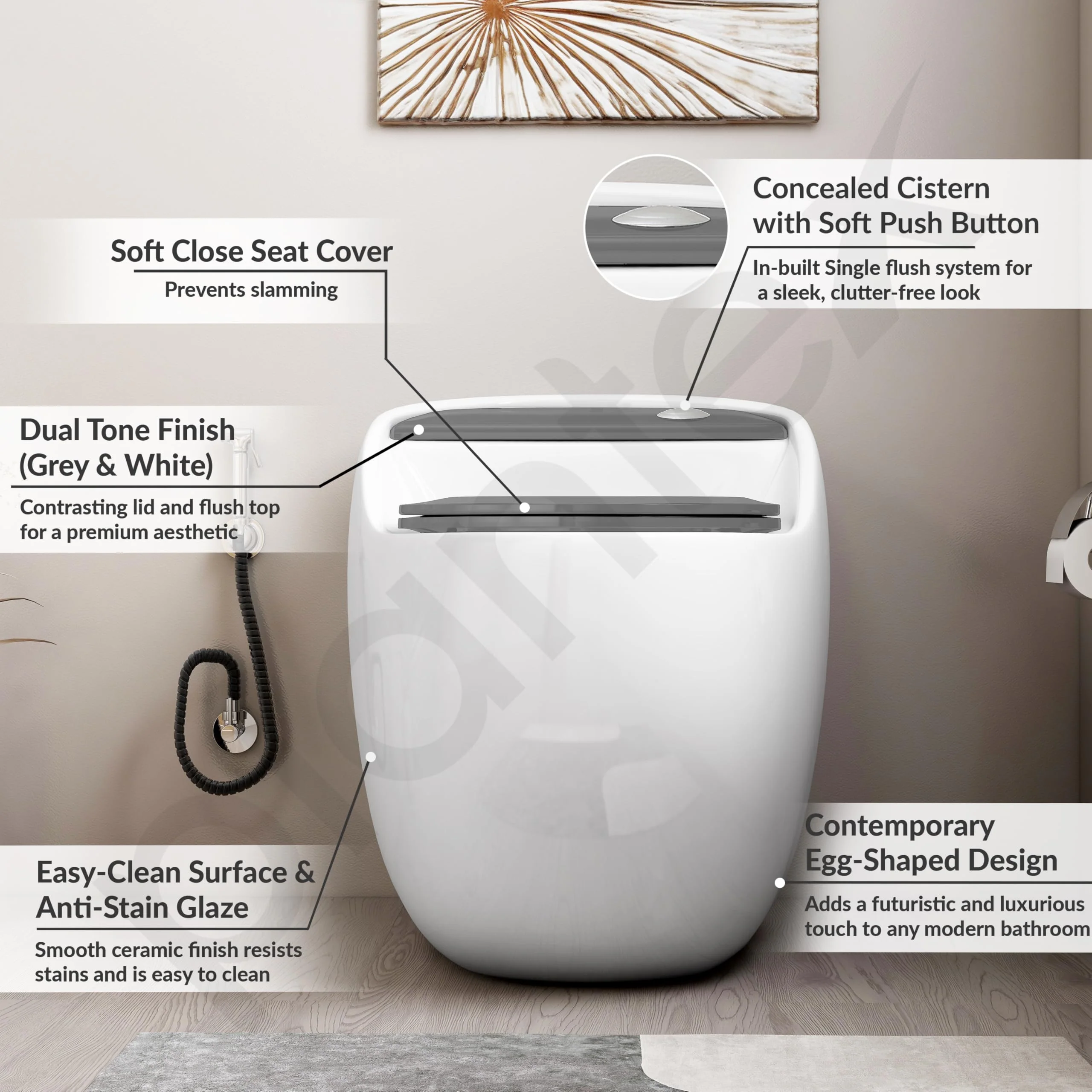 Plantex Platinum Ceramic Rimless Commode/One Piece Western Toilet/Siphonic Flush Western Commode with Soft Close Toilet Seat - S Trap Outlet (White & Grey) - Image 2