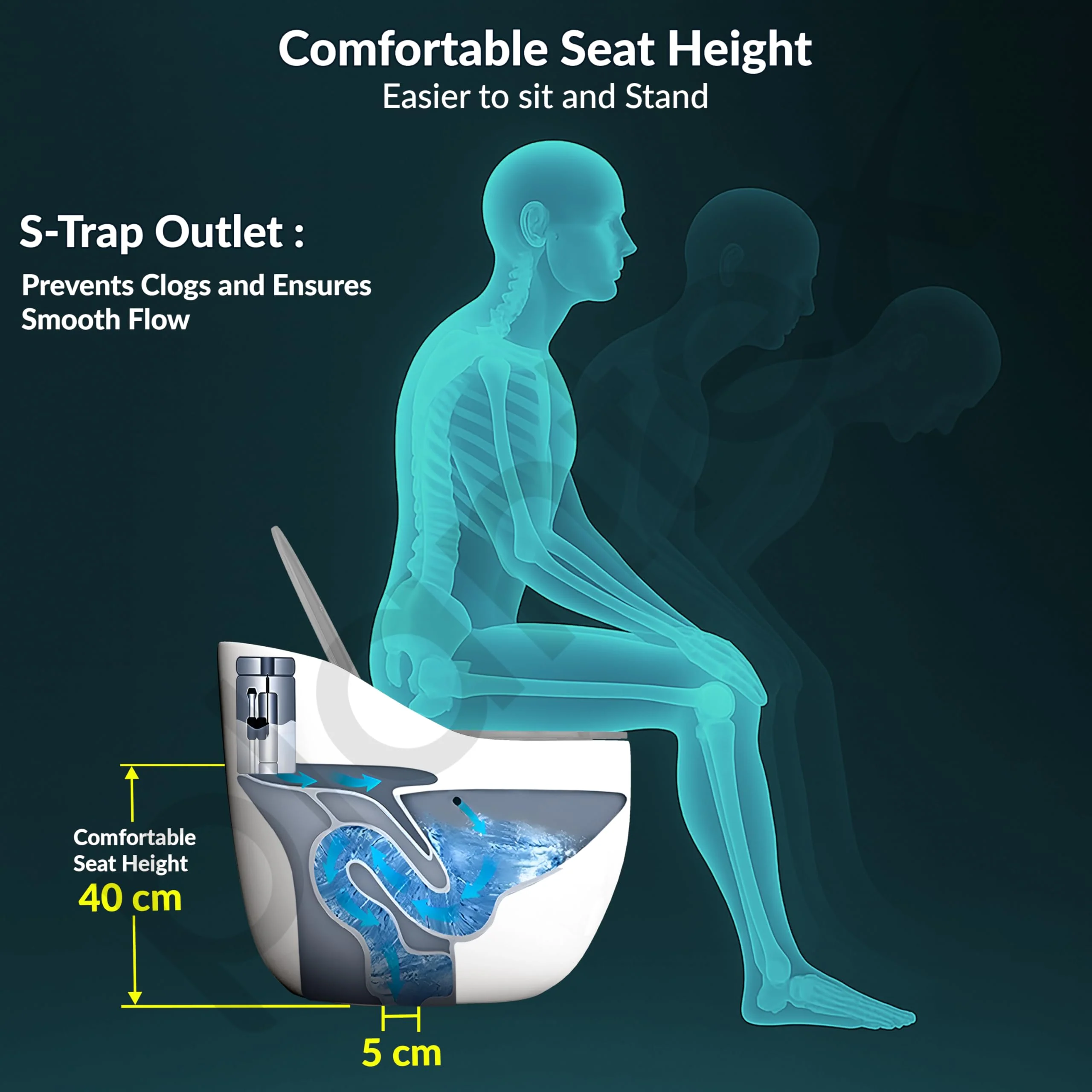 Plantex Platinum Ceramic Rimless Commode/One Piece Western Toilet/Siphonic Flush Western Commode with Soft Close Toilet Seat - S Trap Outlet (White & Grey) - Image 3