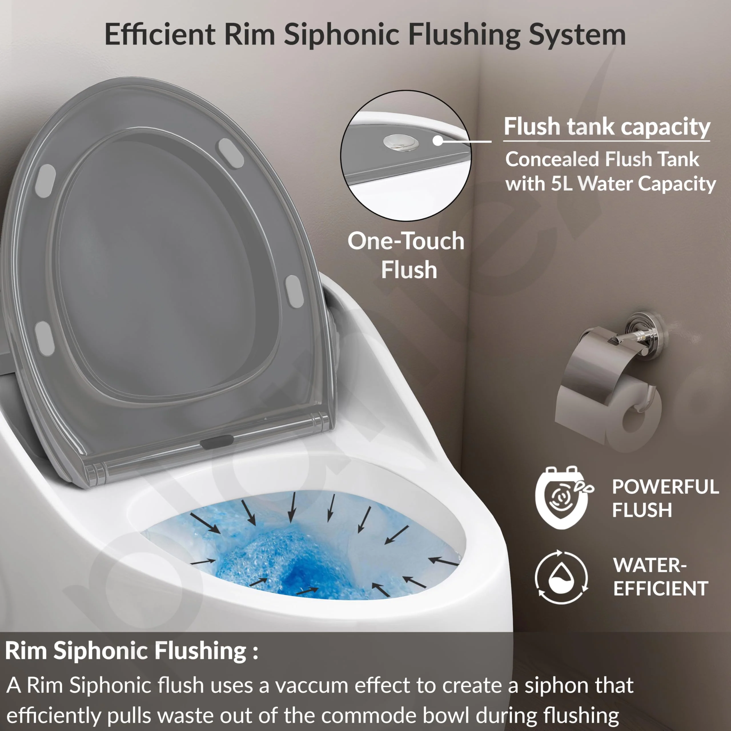 Plantex Platinum Ceramic Rimless Commode/One Piece Western Toilet/Siphonic Flush Western Commode with Soft Close Toilet Seat - S Trap Outlet (White & Grey) - Image 4