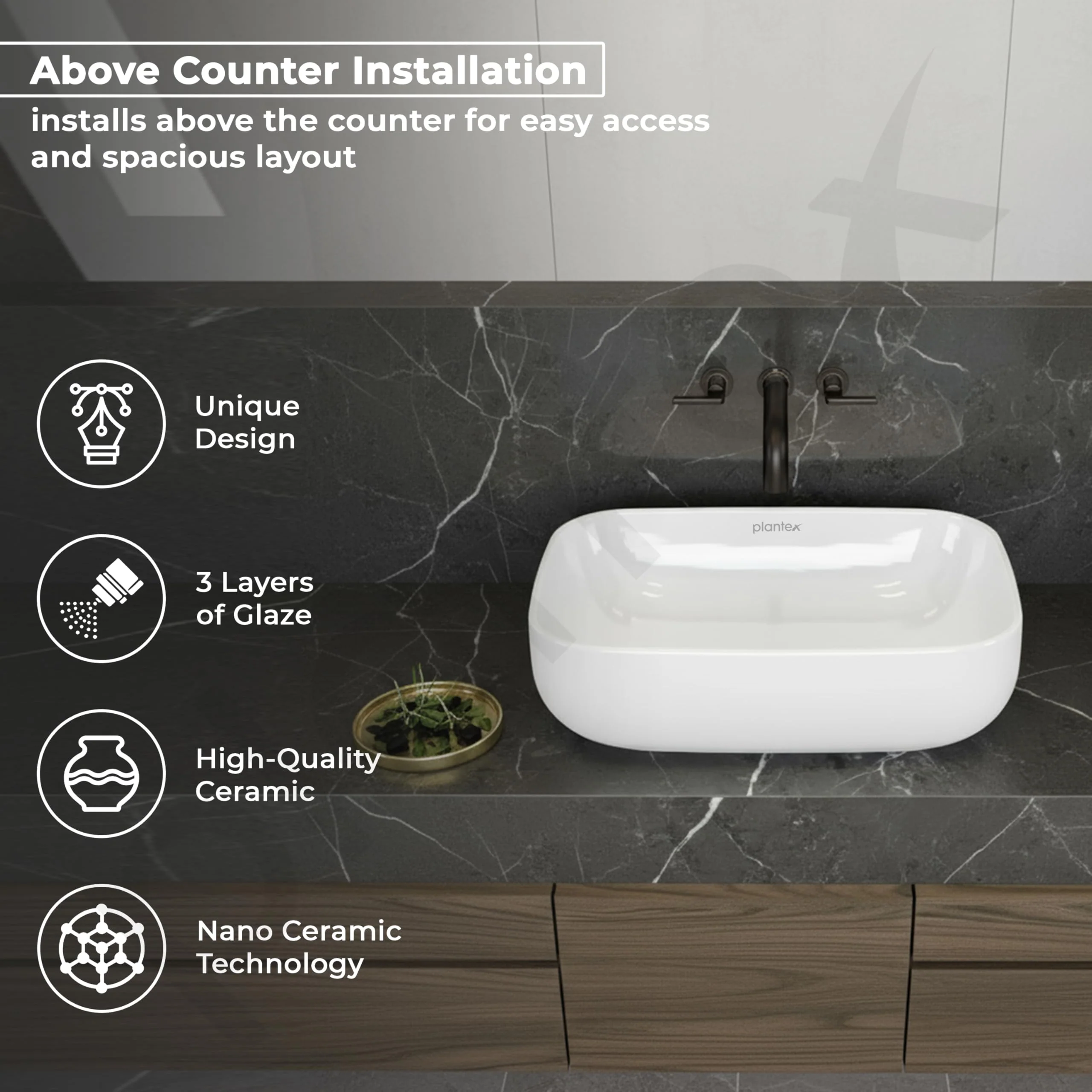Plantex Platinum Ceramic Tabletop Rectangular Wash Basin/Washbasin for Bathroom/10 Years Glaze Warranty by Plantex/Small Wash Basin (White - 18 x 13 x 5 Inch) - Image 2