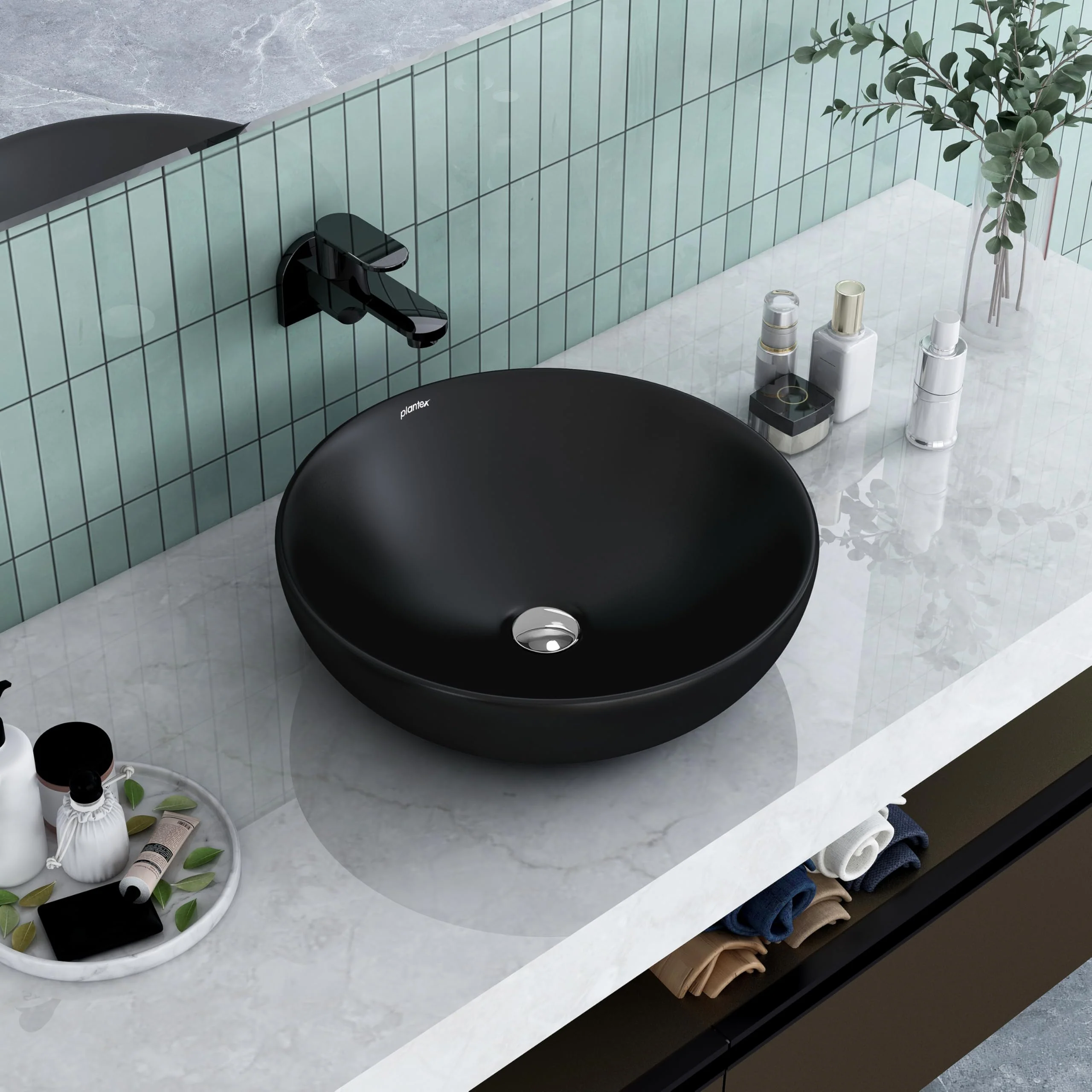 Plantex Platinum Ceramic Tabletop Round Wash Basin/Countertop Bathroom Sink/Tabletop Wash Basin(Black, 15.5 x 15.5 x 5 Inch)