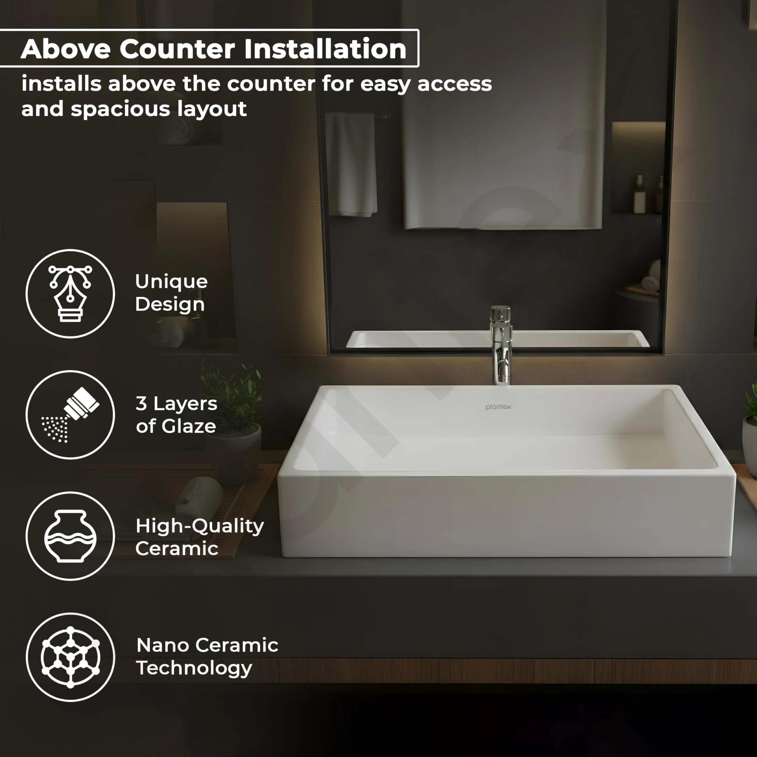 Plantex Platinum Ceramic WashBasin/Tabletop Wash Basin/Basin for Bathroom/Bathroom Wash Basin with 10 Years Glaze Warranty by Plantex/ (White, Rectangle, 24.5 x 16.5 x 5 Inch) - Image 2