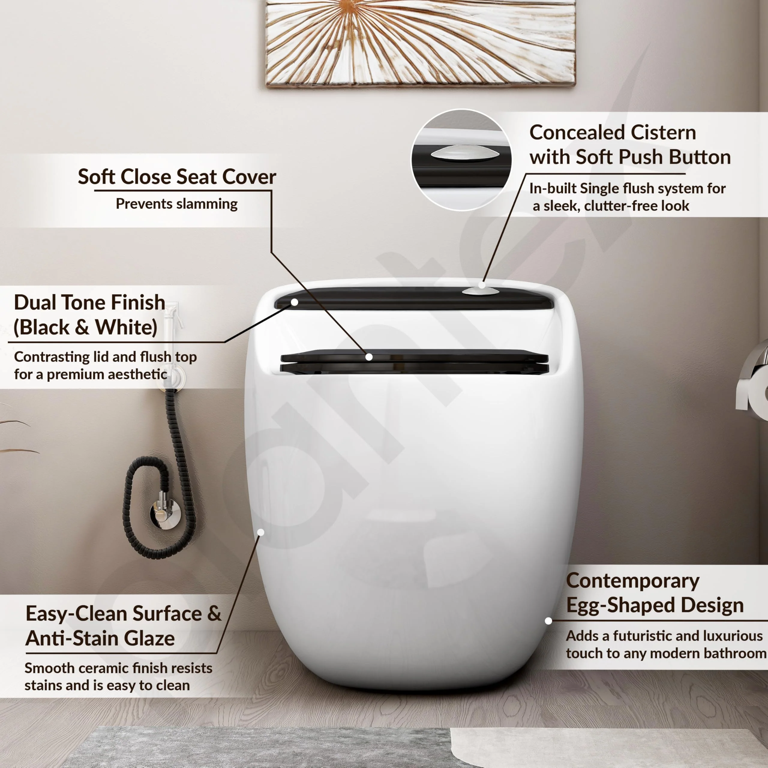 Plantex Platinum One Piece Commode for Toilet/Rim Siphonic Western Toilet/S Trap WC for Bathroom Commode with Soft Close Seat Cover- (White and Black) - Image 2