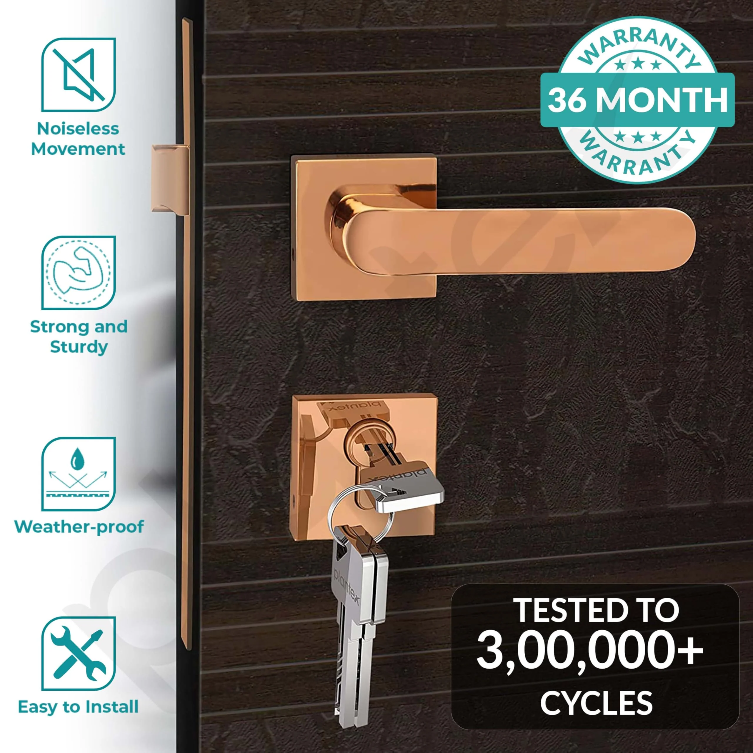 Plantex Polished Brass Heavy Duty Door Lock - Main Door Lock Set with 3 Keys/Mortise Door Lock Knob for Home/Office/Hotel (7110 - Pvd Choco) - Image 2