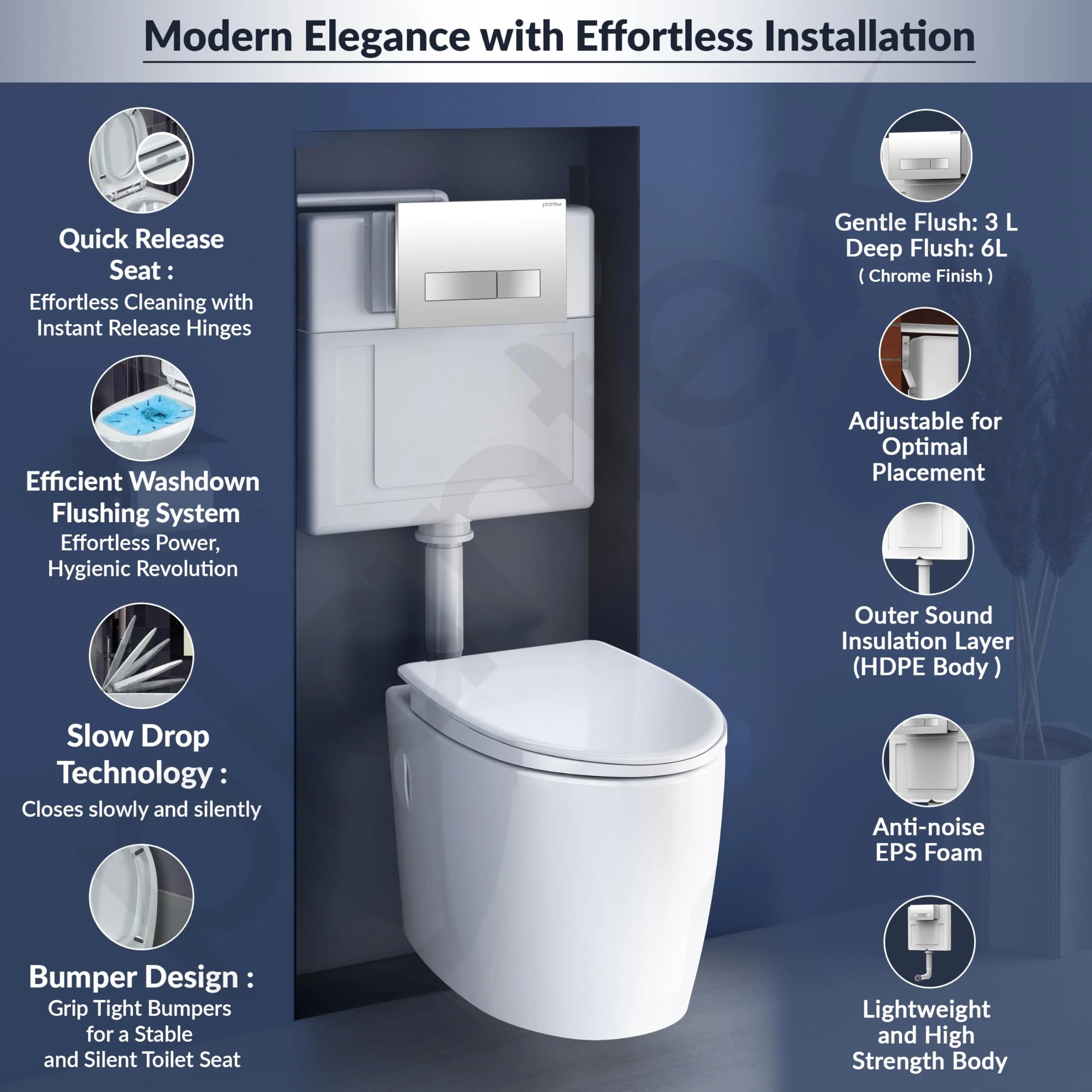 Plantex Polyethylene Wall Hung Commode for Toilet with Conceal Flush Tank/Dual Flush/Soft Closing Seat- (White) - Image 4