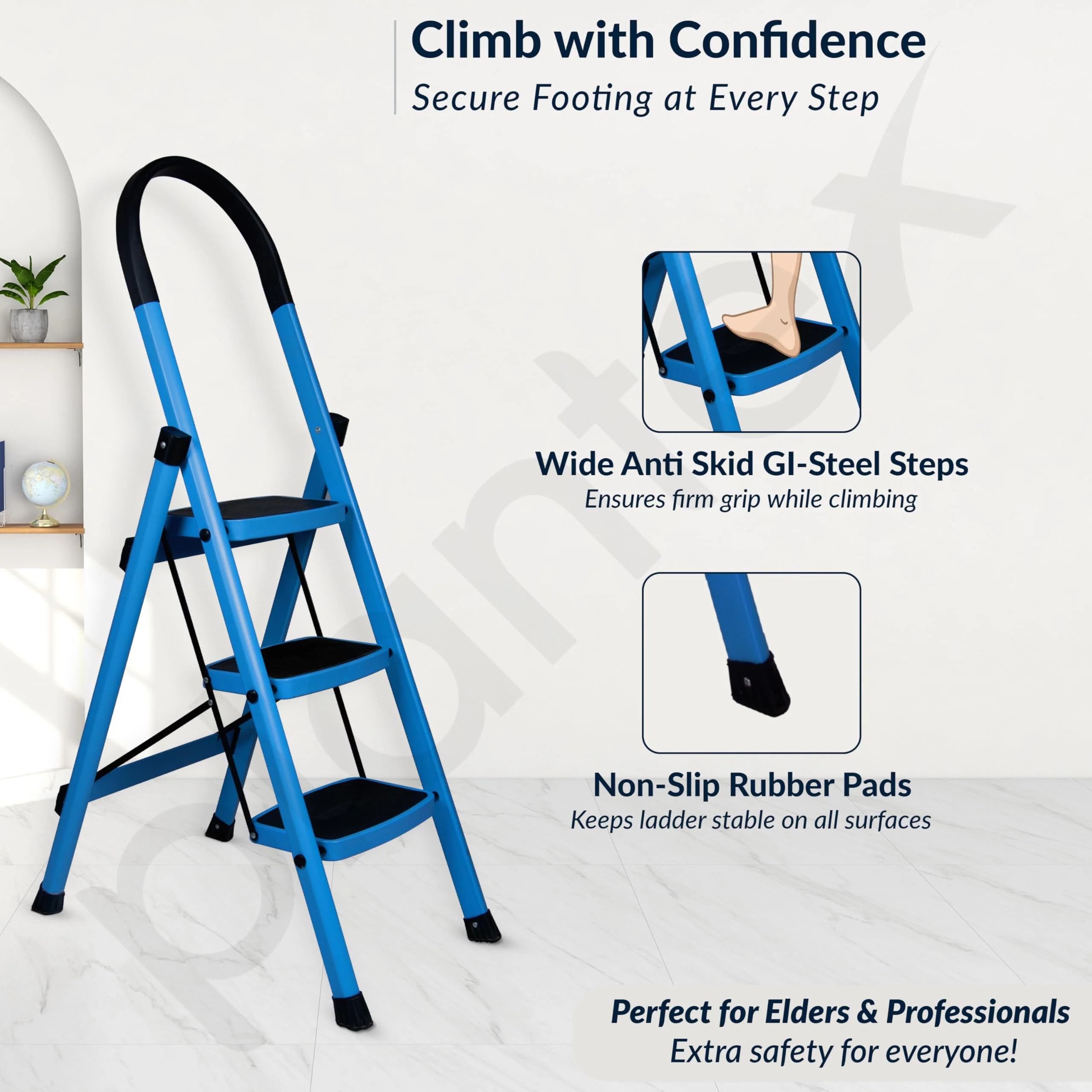 Plantex Premium 3 Steps Steel Ladder | Wide Anti-Skid Step Ladder | Easy to Fold | 5 Year Manufacturer Warranty(3-Step,Blue & Black) - Image 2