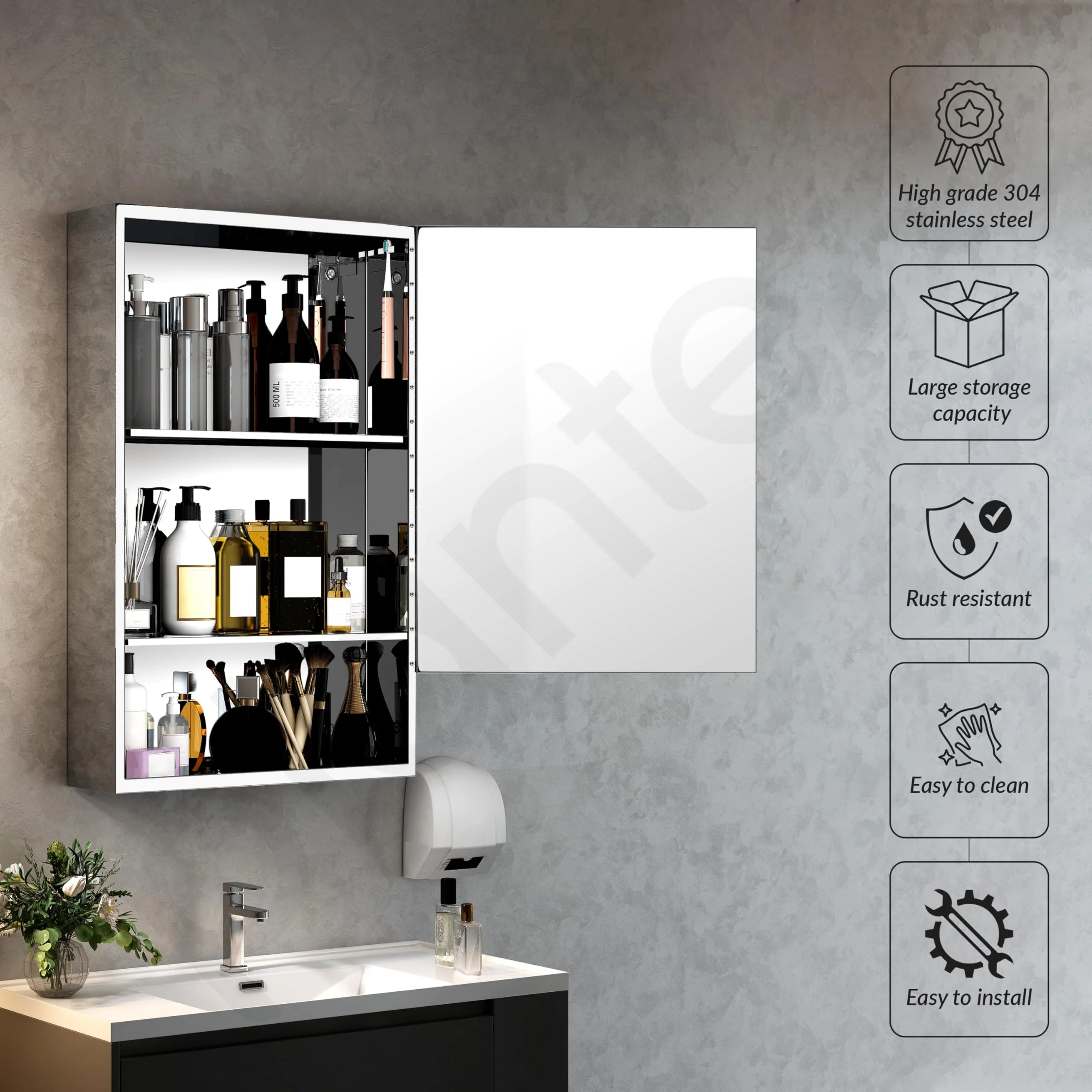 Plantex Premium 304 Stainless Steel Bathroom Mirror Cabinet with Lower Shelf/Bathroom Organiser/Bathroom Mirror with Storage/Bathroom Shelf with Mirror/Bathroom Accessories (20x32 Inch-Chrome) - Image 2