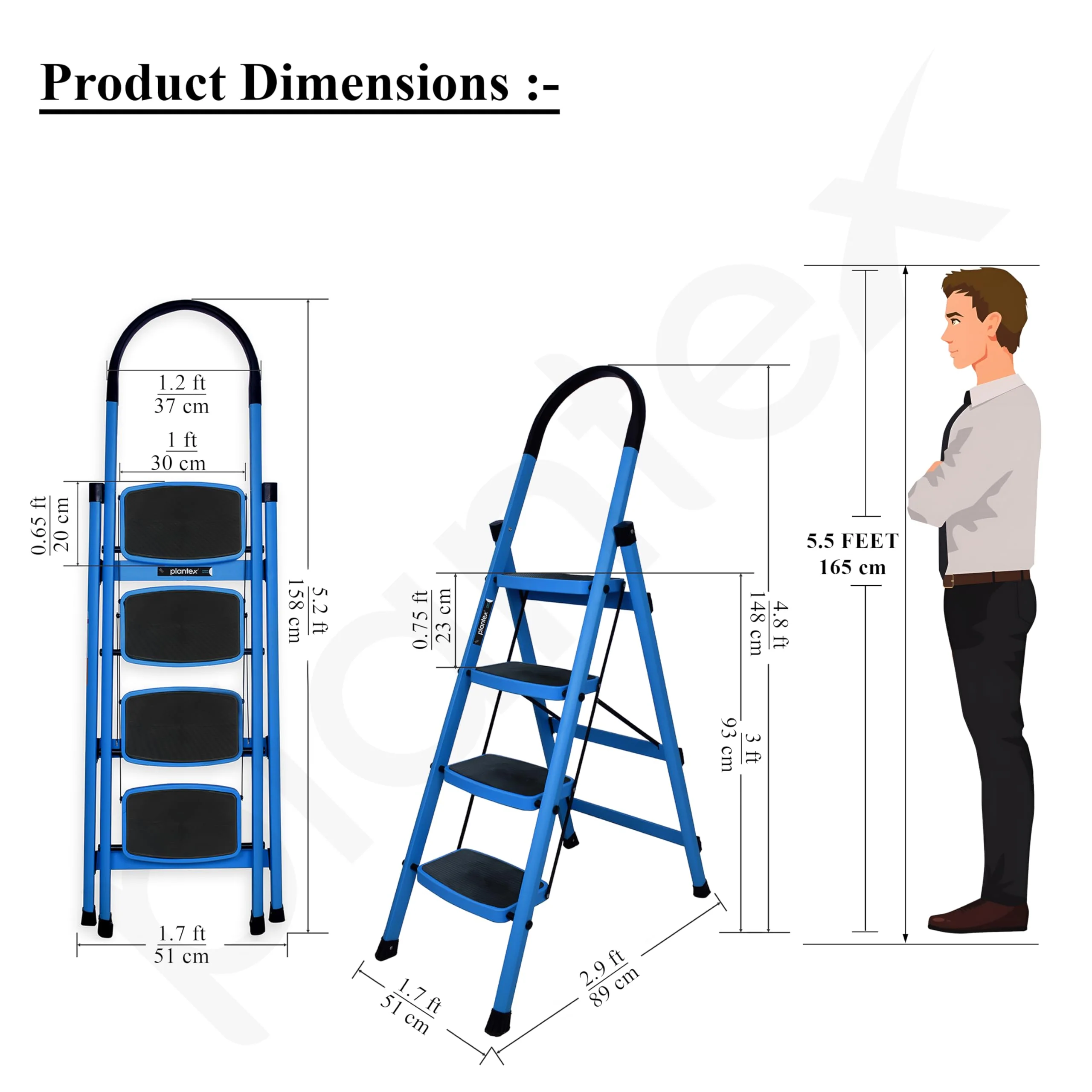 Plantex Premium 4 Step Steel Ladder/Ladder for Home/Wide Anti-Skid Wide Step Ladder/Capacity Upto 150 Kg (Blue & Black) - Image 5