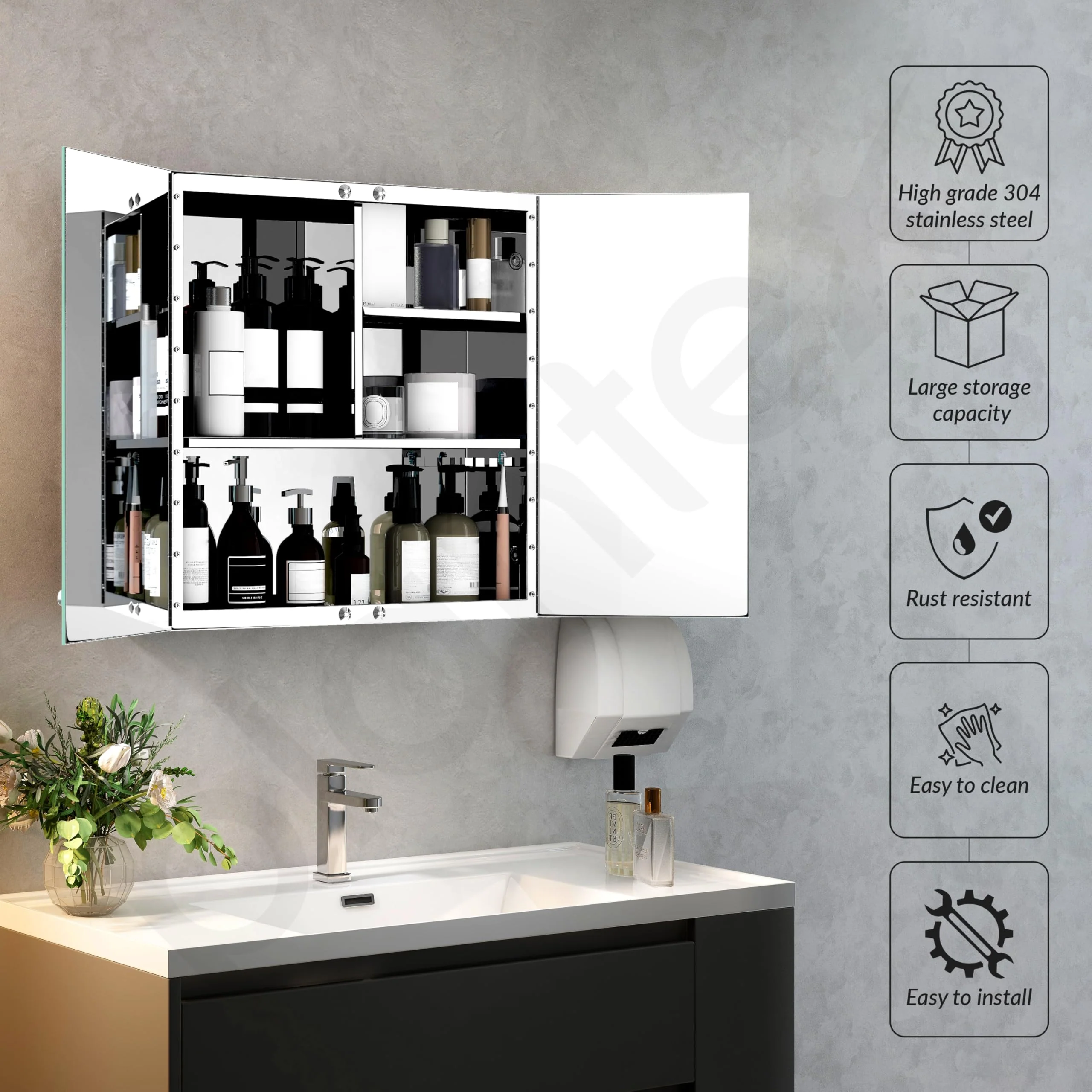 Plantex Premium Bathroom Cabinet with Mirror/ 304 Stainless Steel Bathroom Organiser with Mirror/Bathroom Mirror with Storage/Bathroom Accessories (18x18 Inch-Chrome/Double Door) - Image 2