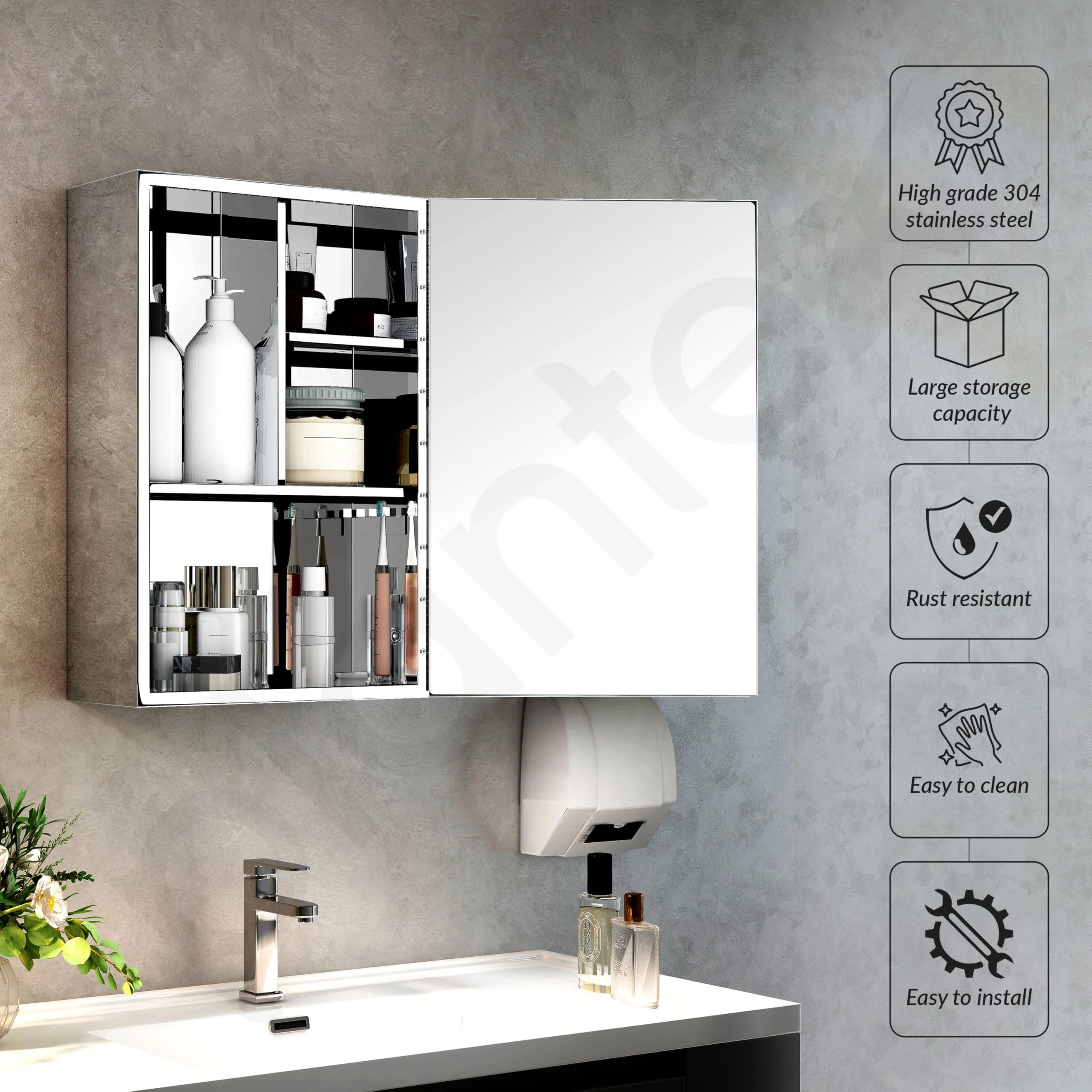 Plantex Premium Bathroom Cabinet with Mirror/ 304 Stainless Steel Bathroom Shelf for Wall with Mirror/Bathroom Organiser with Mirror/Bathroom Accessories (12x18 Inch-Chrome) - Image 2