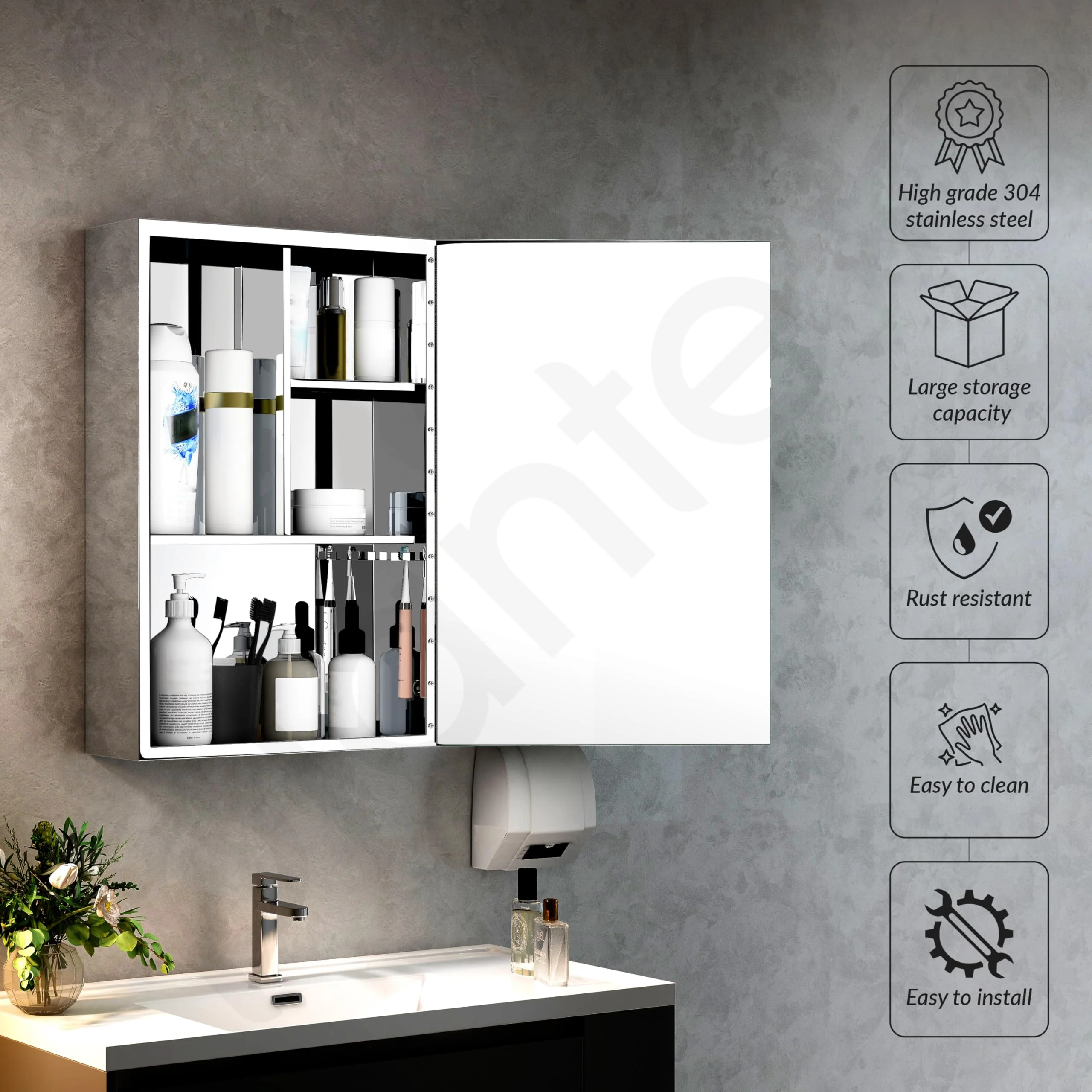 Plantex Premium Bathroom Cabinet with Mirror/304 Stainless Steel Mirror Cabinet for Wash Basin/Bathroom Shelf for Wall with Mirror (16x 24 Inch-Chrome) - Image 2