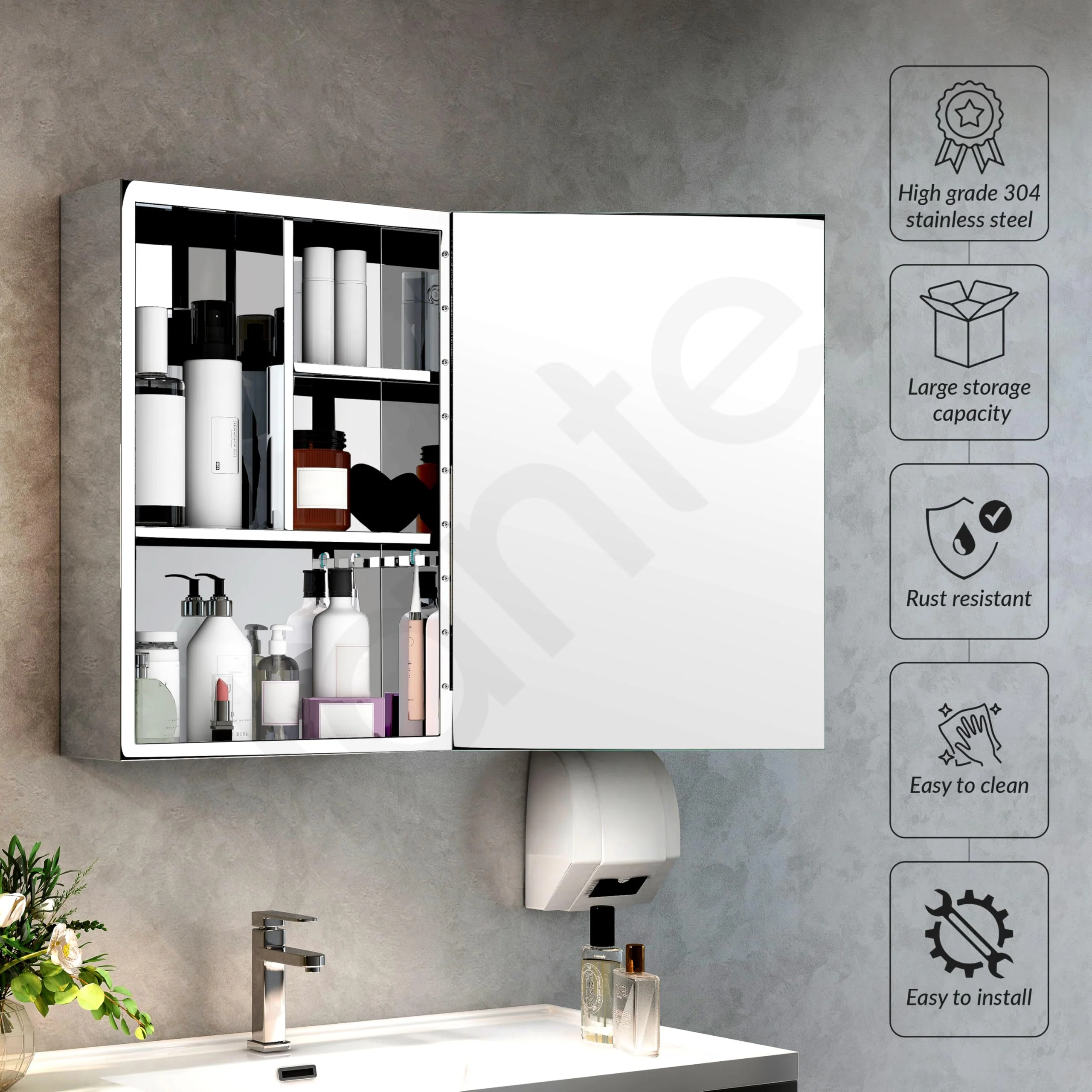 Plantex Premium Bathroom Mirror Cabinet/304 Grade Stainless Steel Mirror Cabinet/Bathroom Shelf for Wall - (14x20 Inch - Chrome) - Image 2