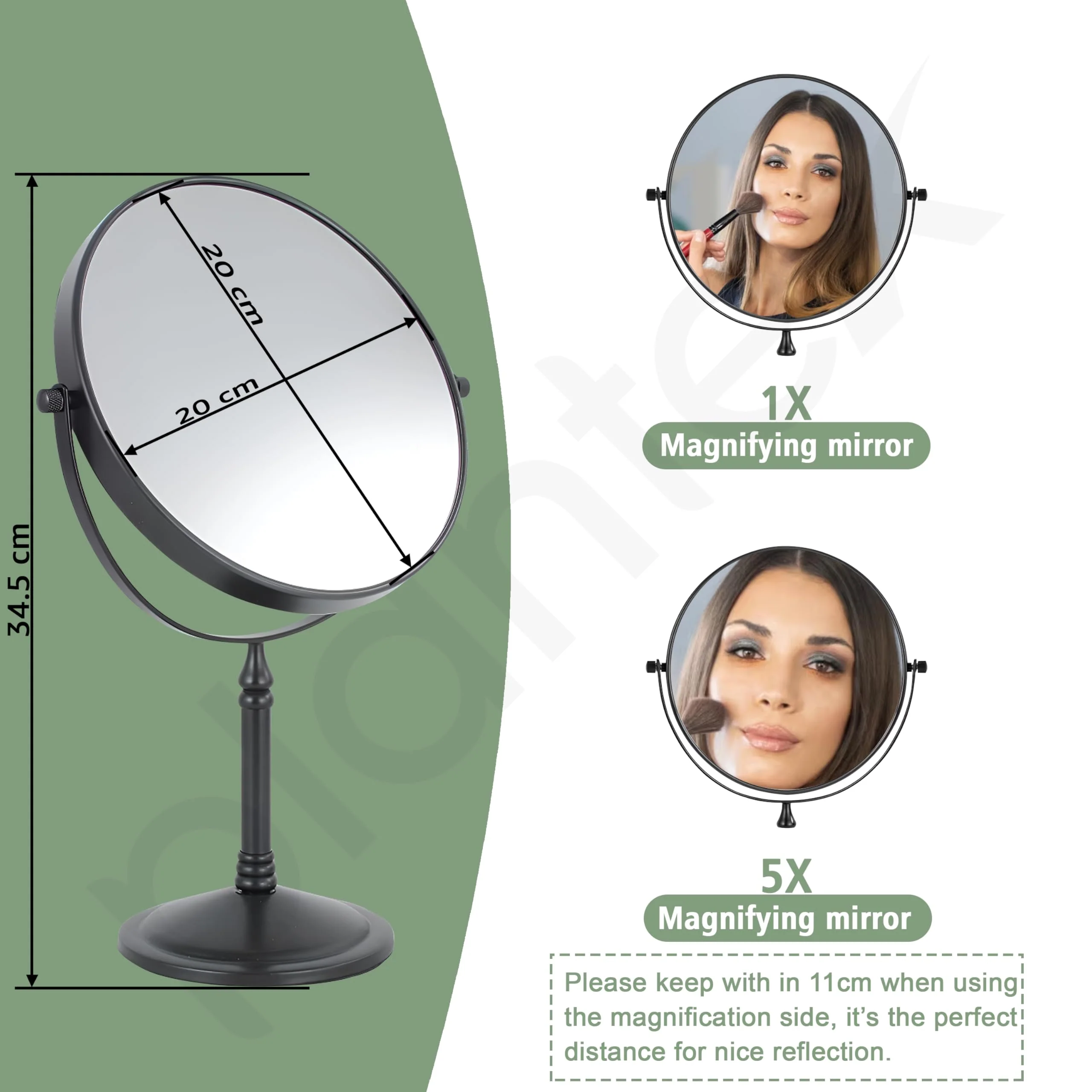 Plantex Premium Brass Magnifying Mirror/Dual Side Shaving Mirror for Bathroom with 5x/1x Magnification/Tabletop Vanity Hand Mirrors Stand (8 Inch-Black/Tabletop) - Image 3