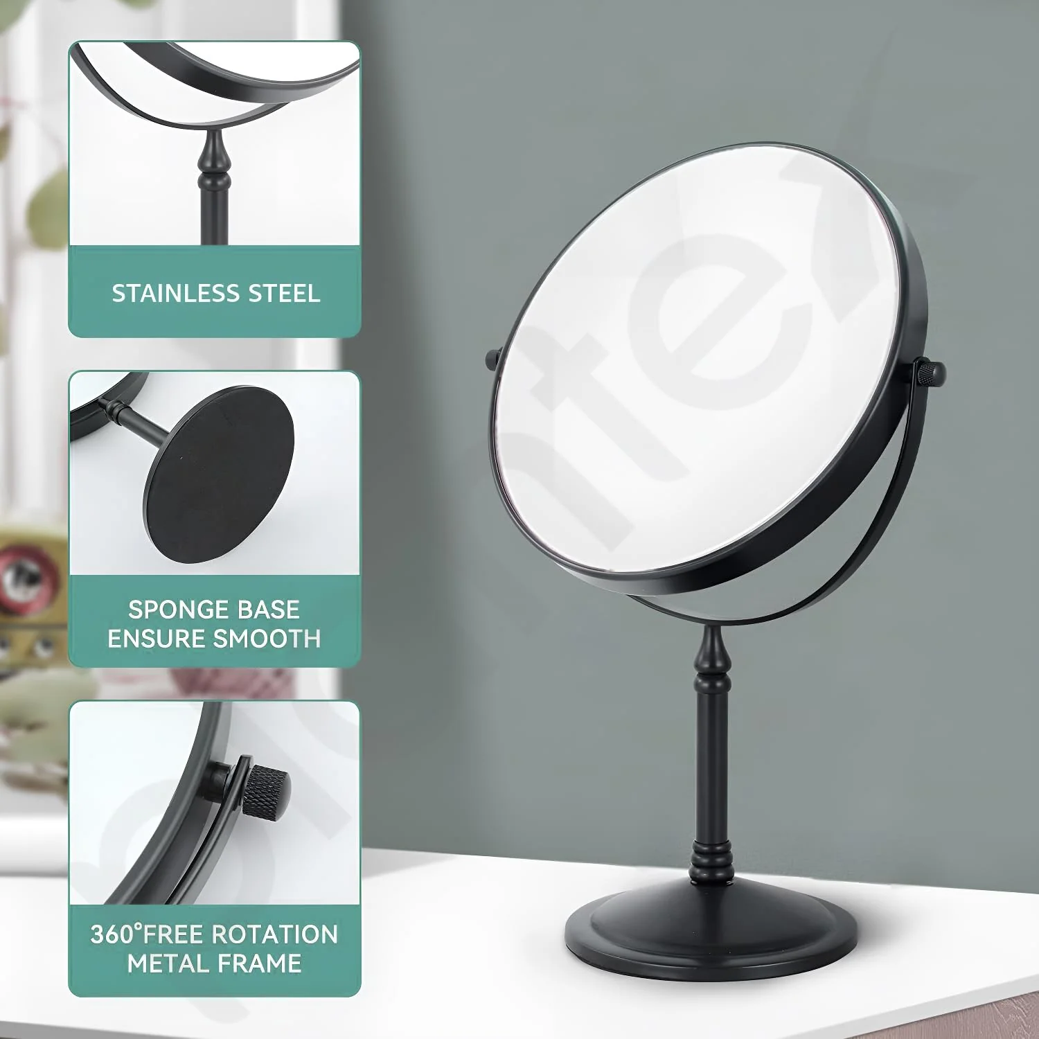 Plantex Premium Brass Magnifying Mirror/Dual Side Shaving Mirror for Bathroom with 5x/1x Magnification/Tabletop Vanity Hand Mirrors Stand (8 Inch-Black/Tabletop) - Image 4
