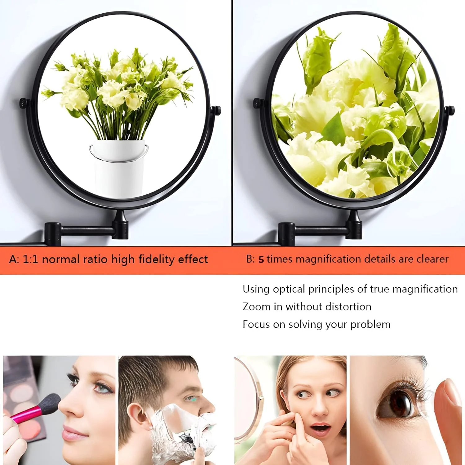 Plantex Premium Brass Magnifying Mirror/Two-Sided 360° Swivel Shaving Mirror with 5x/1x Magnification/Vanity Mirror for Bathroom (8 Inches-Black/Wall Mount) - Image 2