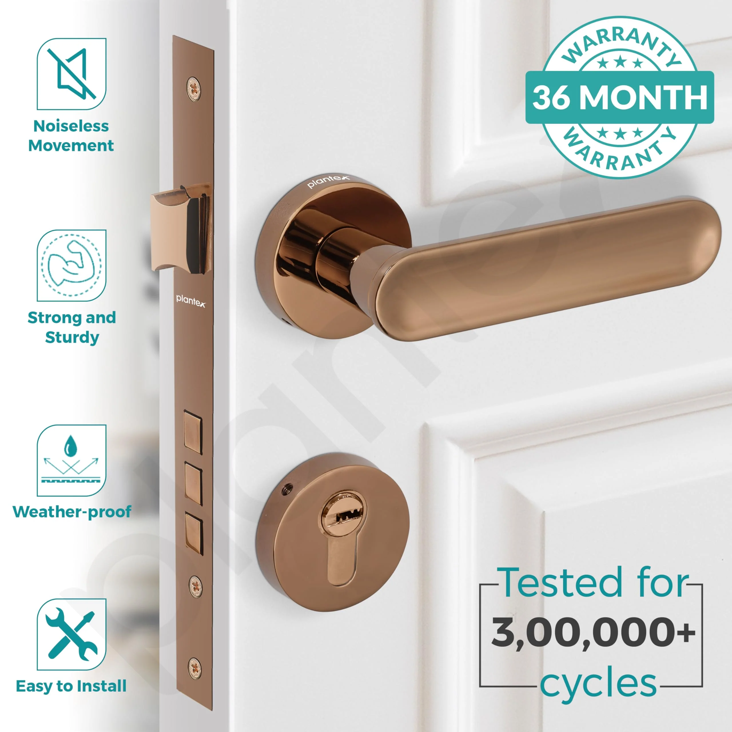 Plantex Premium Door Lock With 3 Years Warranty - Mortise Lock for Main Door Set (PVD Rose Gold Finish) - Image 2