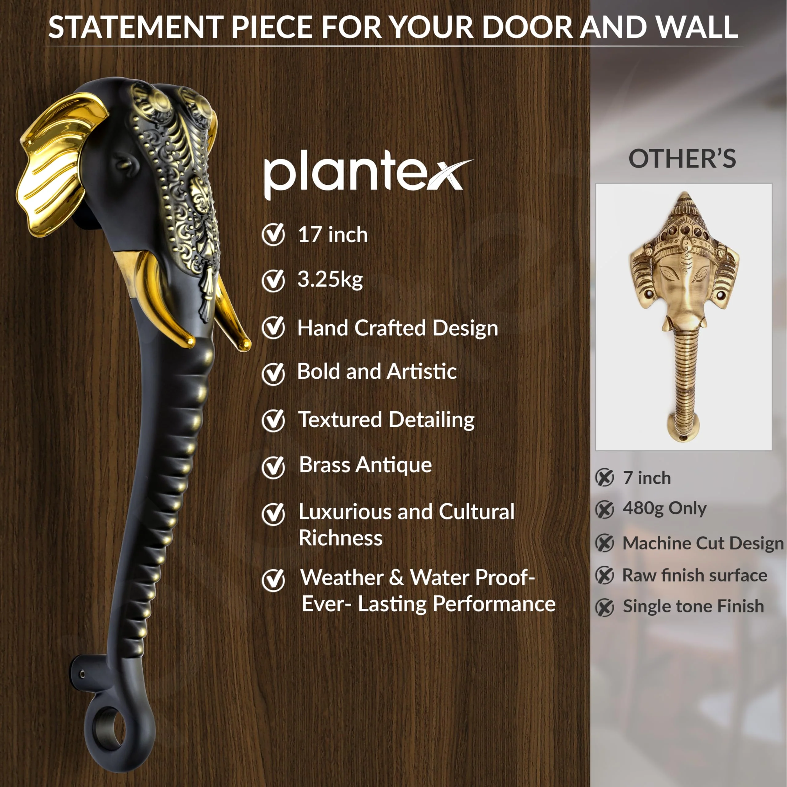 Plantex Premium Main Door Handle/17- inches Door Handle for Main Door/Pull Push Handle/Door and Home Decore Ganesh Shape Design/3 Years Warranty Pack of 1 (677- Brass Antique Finish) - Image 5