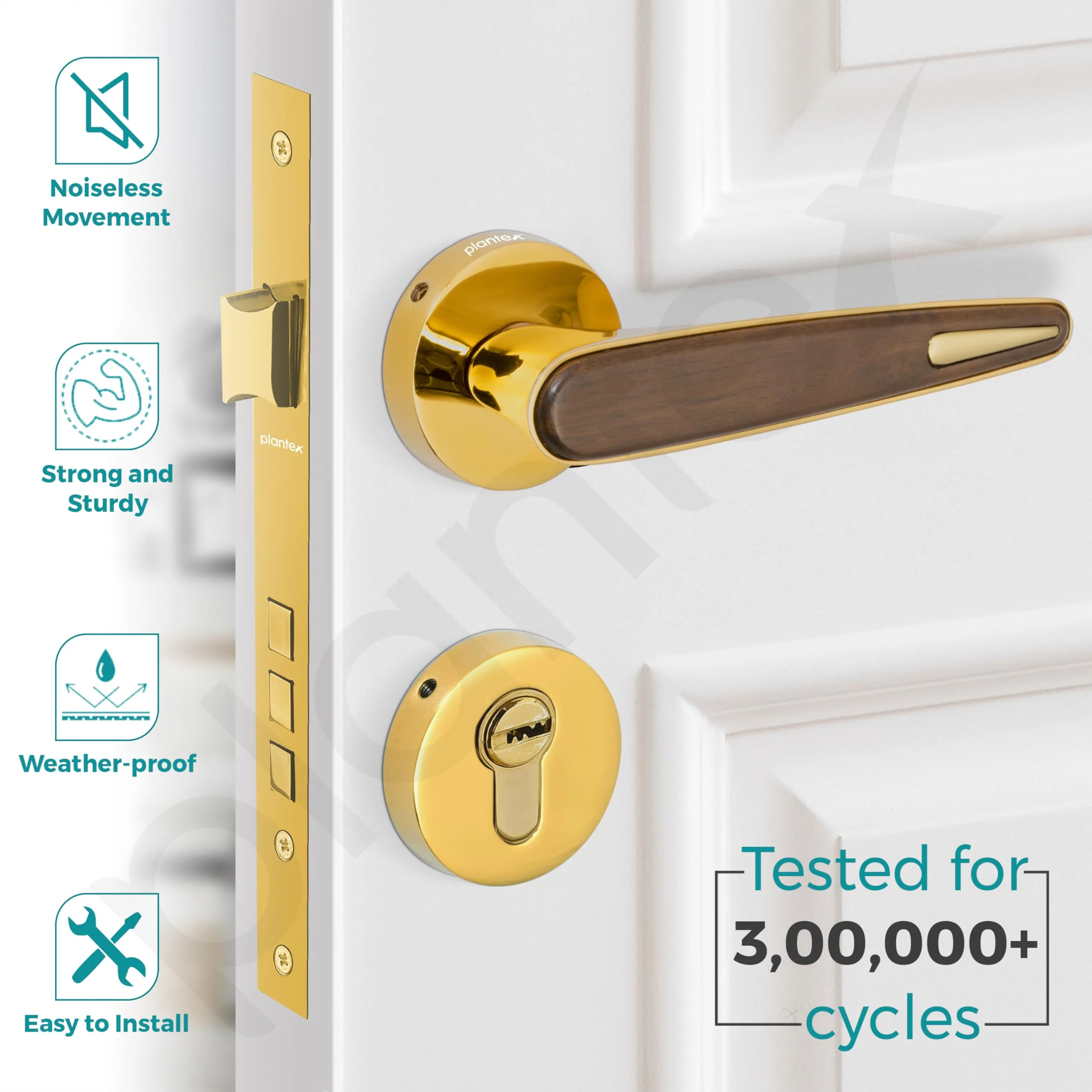 Plantex Premium Main Door Lock with 3 Years Warranty - Mortise Lock Set for Home (PVD Gold & Wood Finish) - Image 2