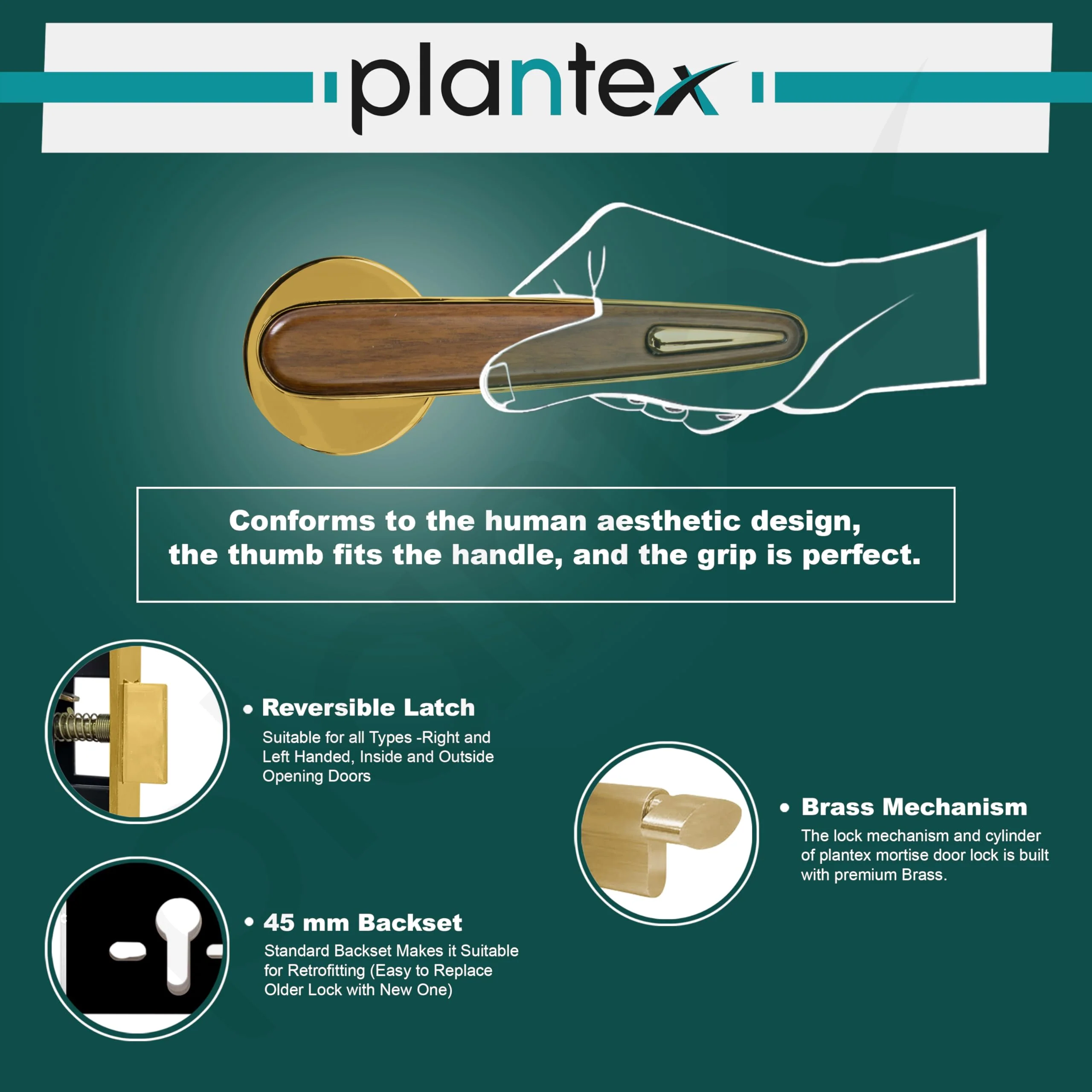 Plantex Premium Main Door Lock with 3 Years Warranty - Mortise Lock Set for Home (PVD Gold & Wood Finish) - Image 5