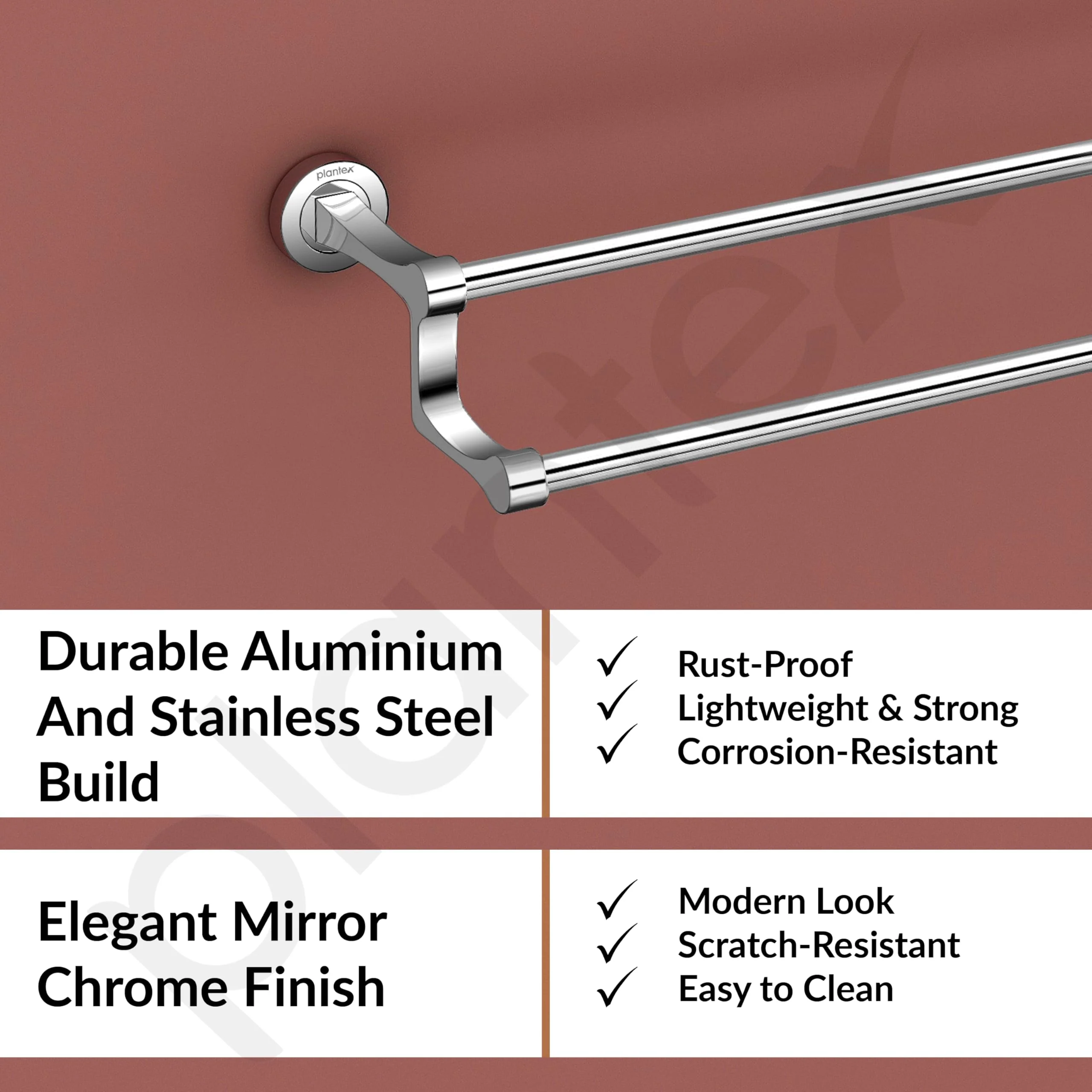 Plantex Premium Stainless Steel & Aluminum Dual Towel Rod/Towel Hanger for Bathroom/Towel Stand/Bathroom Accessories (24 Inch-Chrome) - Image 3