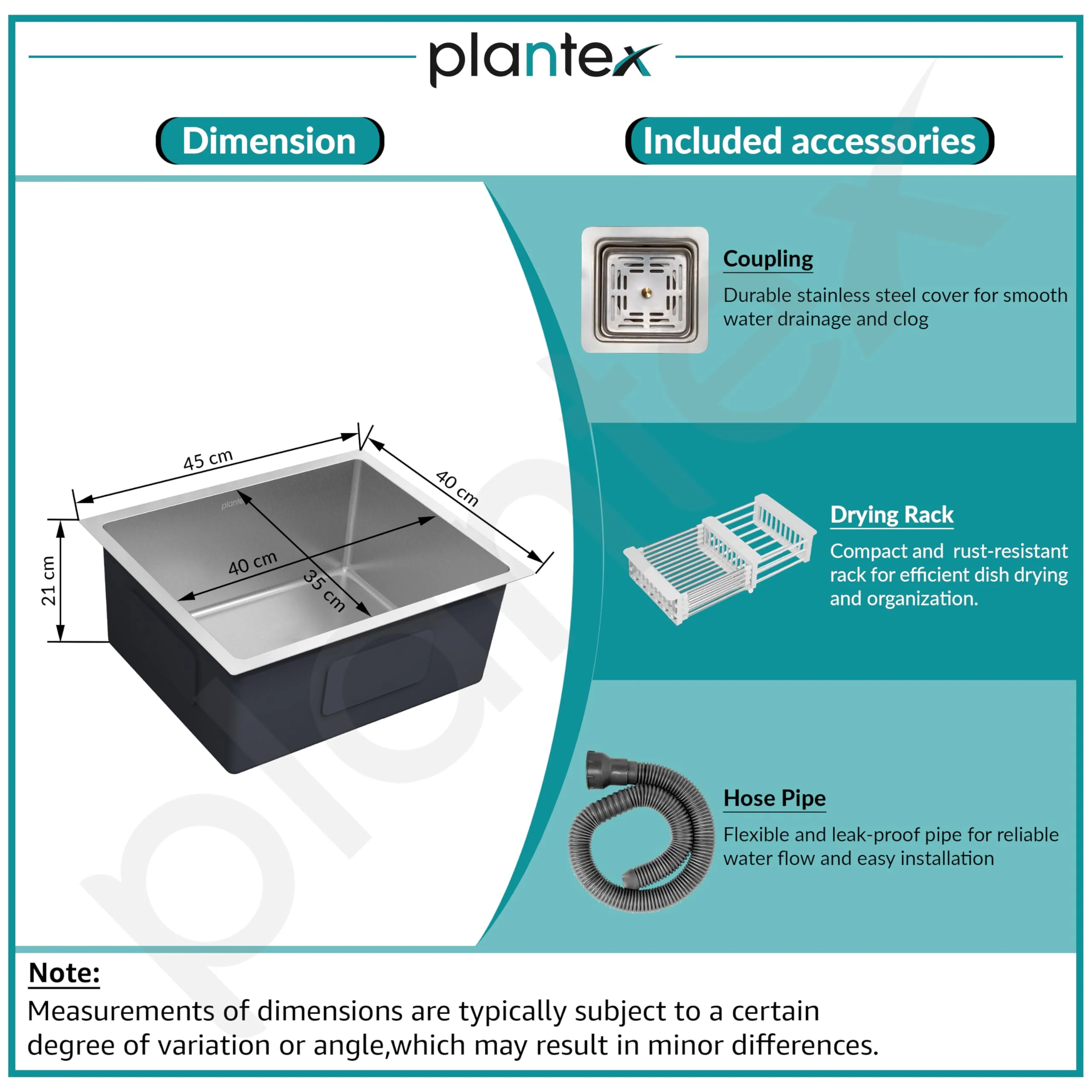 Plantex Premium Stainless Steel Sink for Kitchen/Kitchen Sink With 25 Years Warranty by Plantex/Single Bowl Sink with Square Coupling, Hose Pipes and Drain Rack (Silver Matt - 16x18x9 Inches) - Image 5