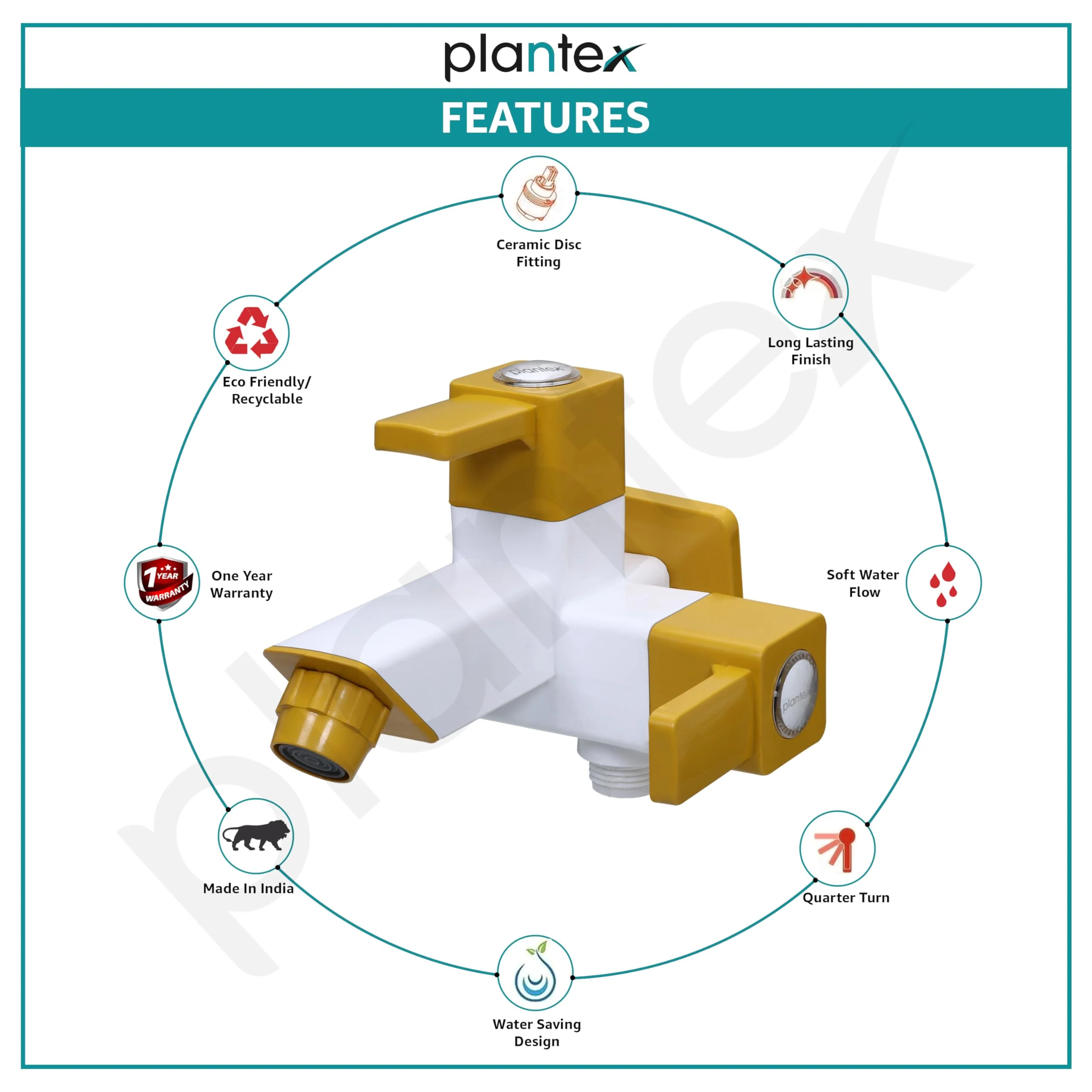 Plantex PTMT EDS-127 2 In 1 Painted Tap For Bathroom With Plastic Wall Flange & Teflon Tap e/ 2-Way Angle Valve With Attachment For Health Faucet (Yellow & White) - Image 4