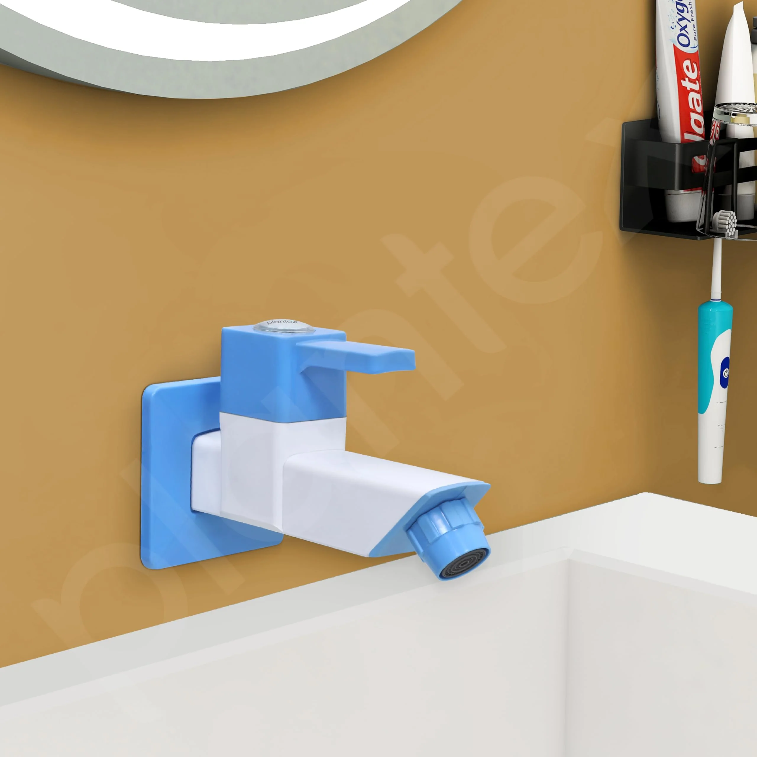 Plantex PTMT ES-111 Bib Cock Polished Water Tap For Bathroom With Water Saving Aerator/Bib Tap With Teflon Tape And Plastic Wall Flange (Blue & White) - Image 2