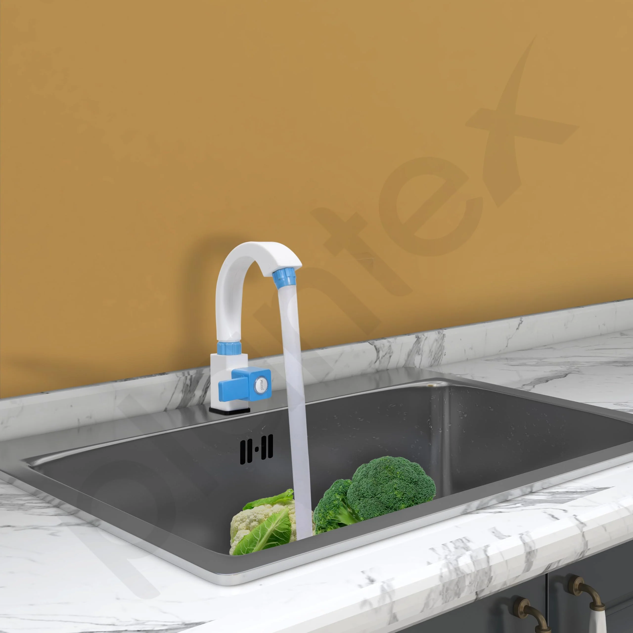 Plantex PTMT ES-116 Single Lever Swan Neck Sink Tap with Wall Flange/360° Swivel Spout with Water Saving Nozzle for Kitchen Sink Tap (Blue & White) - Image 2