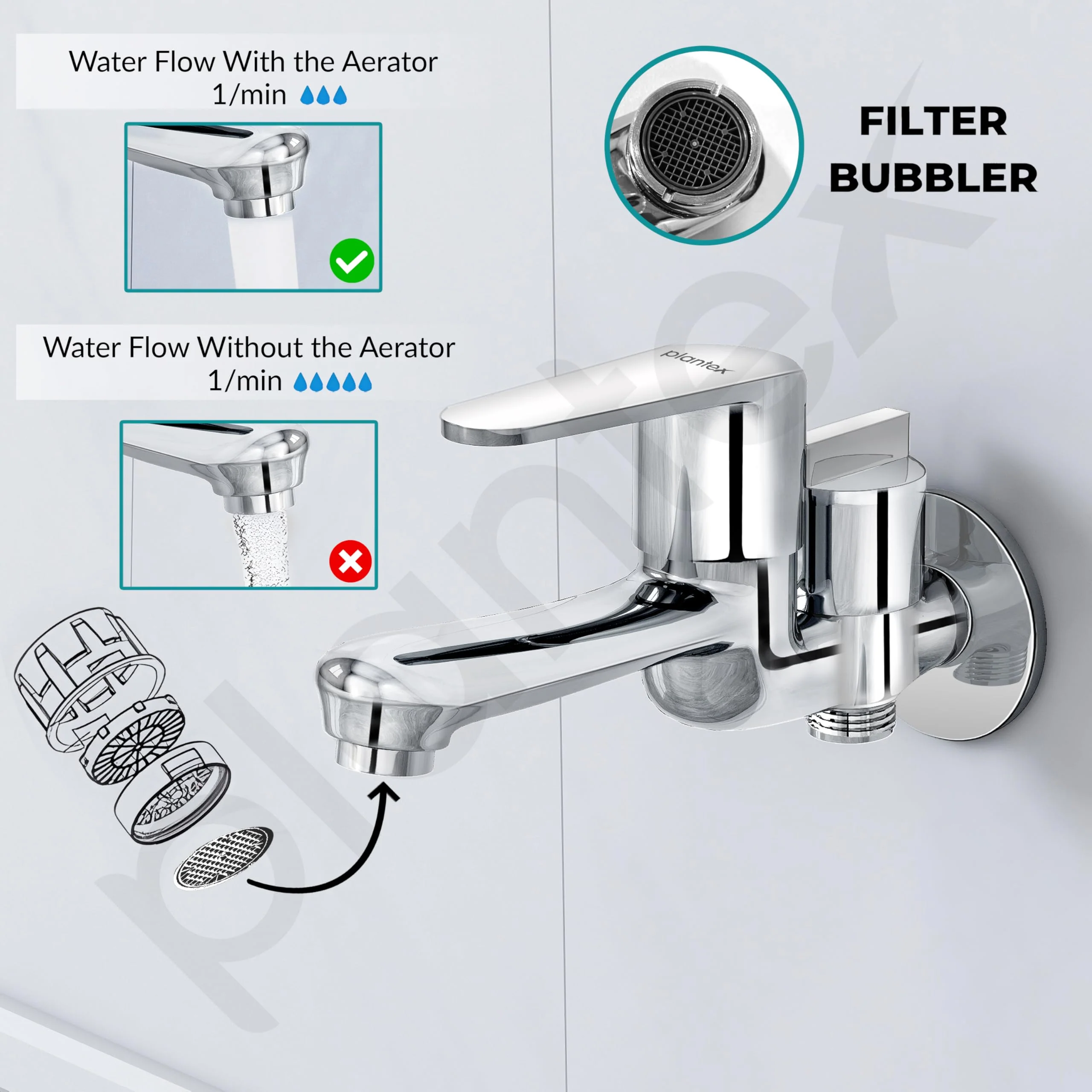 Plantex Pure Brass 2 in 1 Tap for Washing Machine/2-Way Bib Cock for Bathroom with Water Saving Aerator/Bib Cock with Brass Wall Flange and Teflon TapeTape (DOL-2305, Chrome) - Image 5