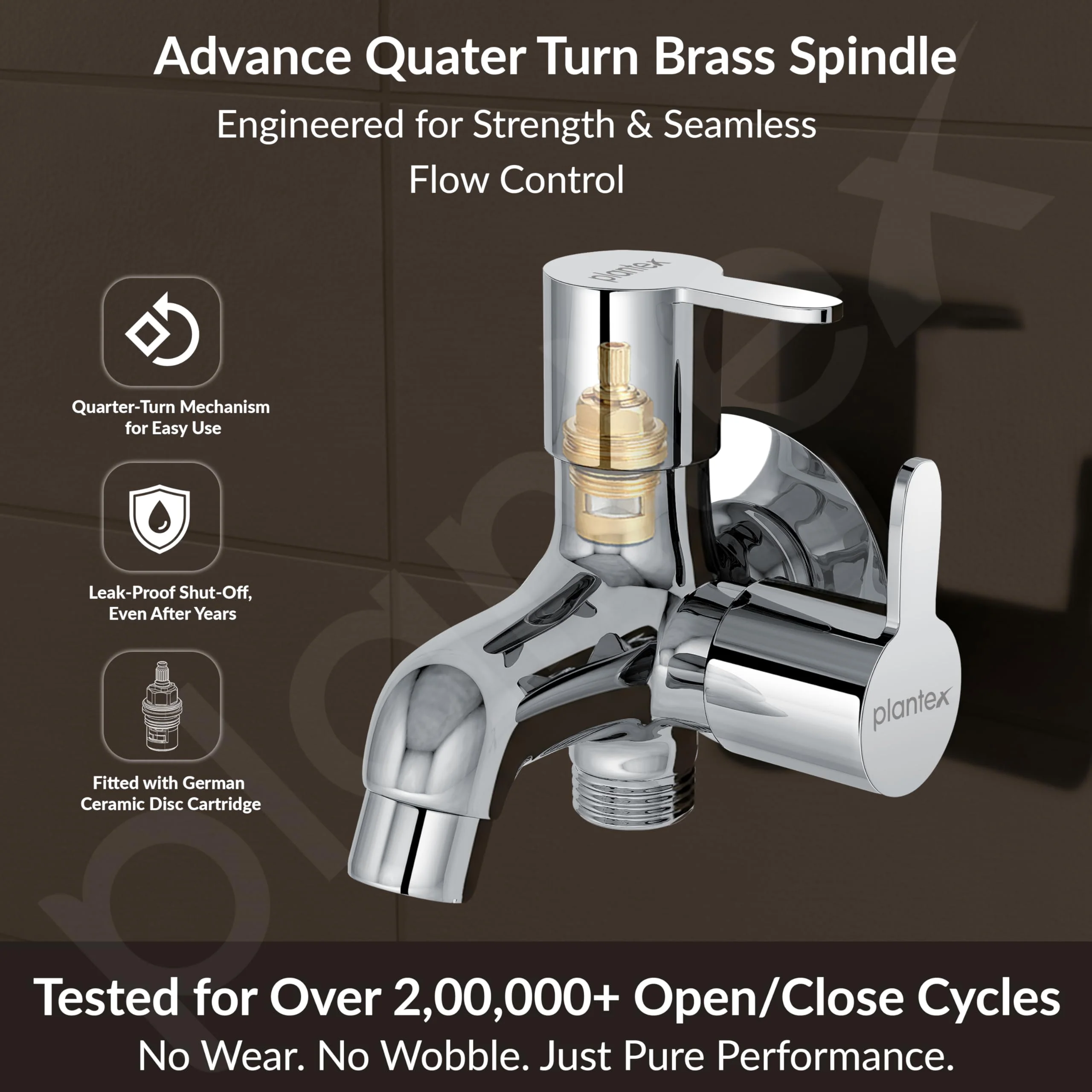 Plantex Pure Brass 2 Way Bibcock Water Tap with Brass Wall Flange & Teflon Tape/Quarter Turn Washing Machine tap with Water Saving Aerator/Basin tap-(FLO-807-Chrome) - Image 2
