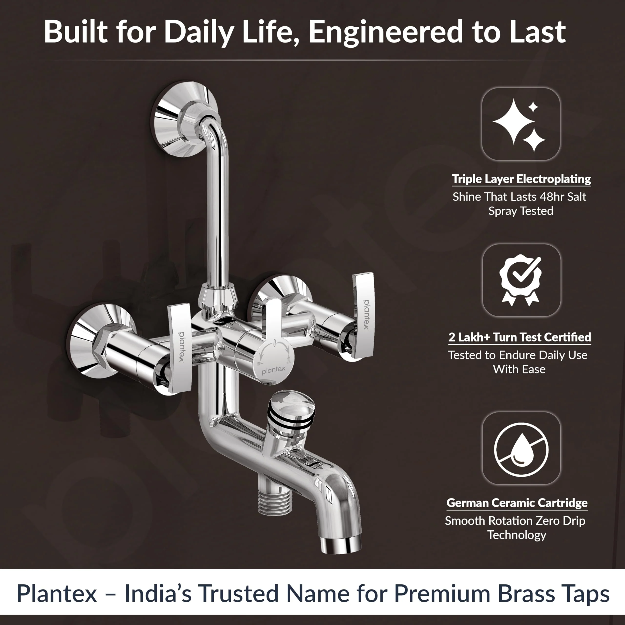 Plantex Pure Brass 3 in 1 Wall Mixer for Bathroom with L-Bend Provision for Overhead and Hand Shower/Mixer Tap for Bathroom with Water Saving Nozzle and Brass Wall Flange (COL-1019-Chrome) - Image 2