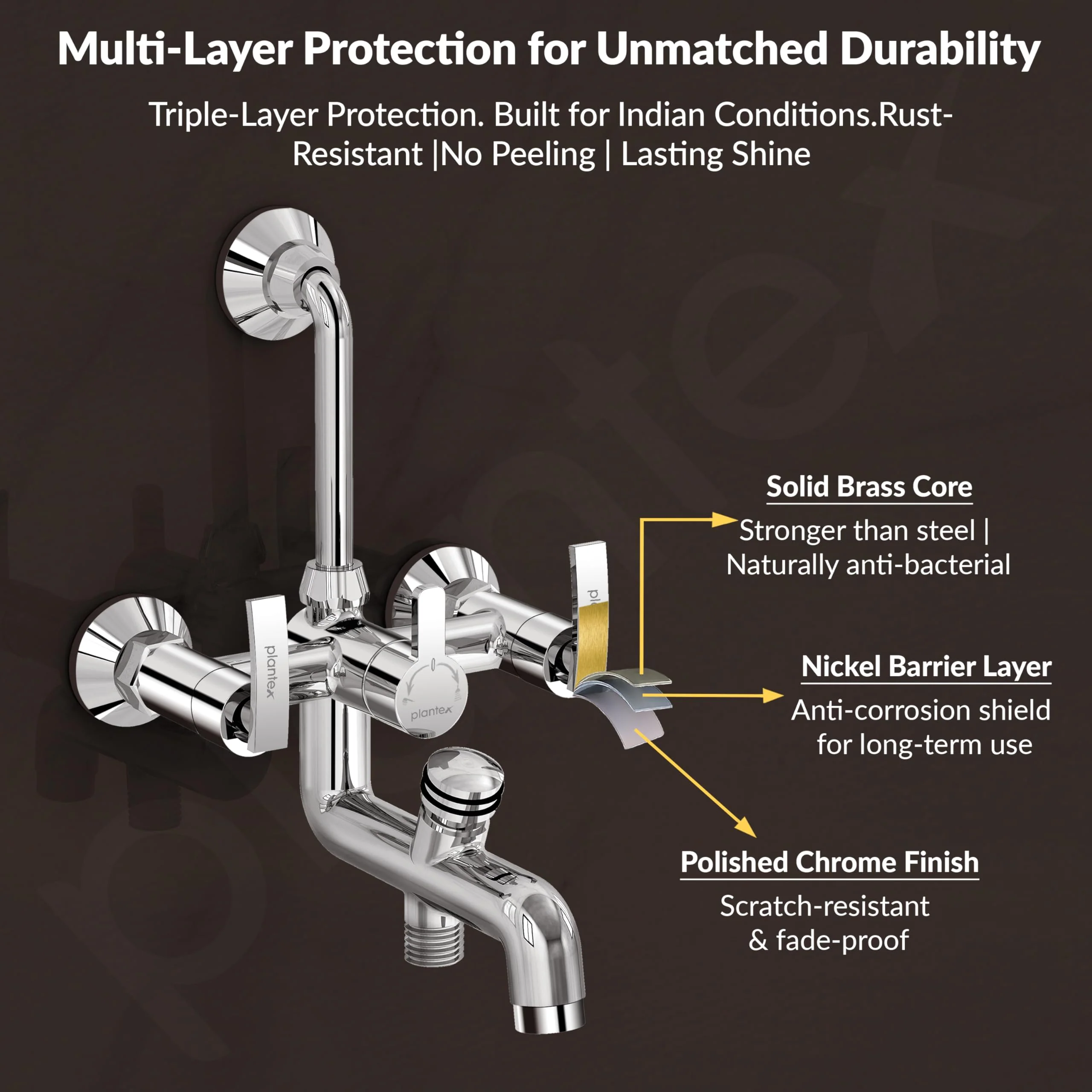 Plantex Pure Brass 3 in 1 Wall Mixer for Bathroom with L-Bend Provision for Overhead and Hand Shower/Mixer Tap for Bathroom with Water Saving Nozzle and Brass Wall Flange (COL-1019-Chrome) - Image 5
