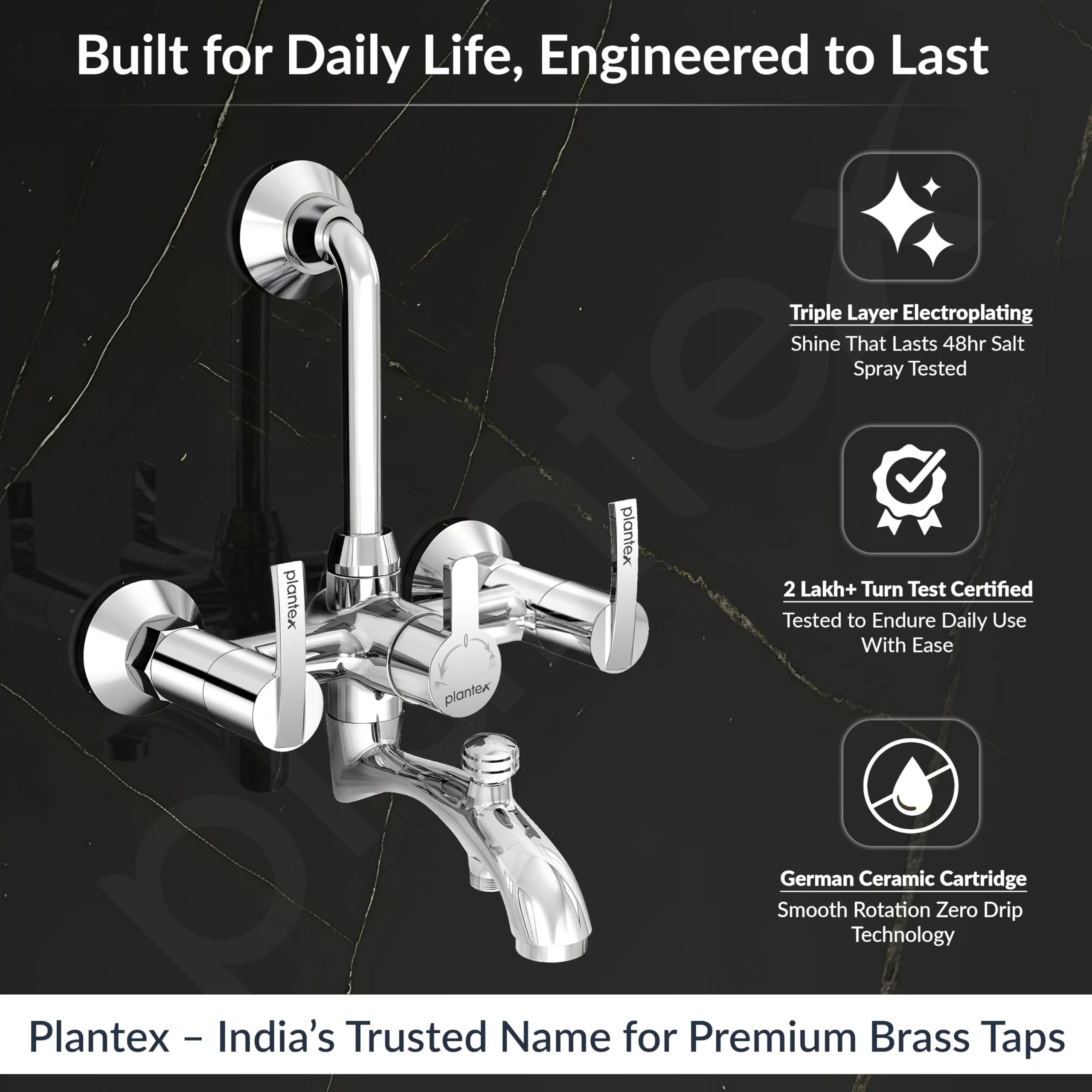 Plantex Pure Brass 3 In 1 Wall Mixer for Bathroom with L-Bend Provision for Overhead and Hand Shower/Water Saving Nozzle for Mixer Tap with Brass Wall Flange (Aq-1419-Chrome) - Image 2