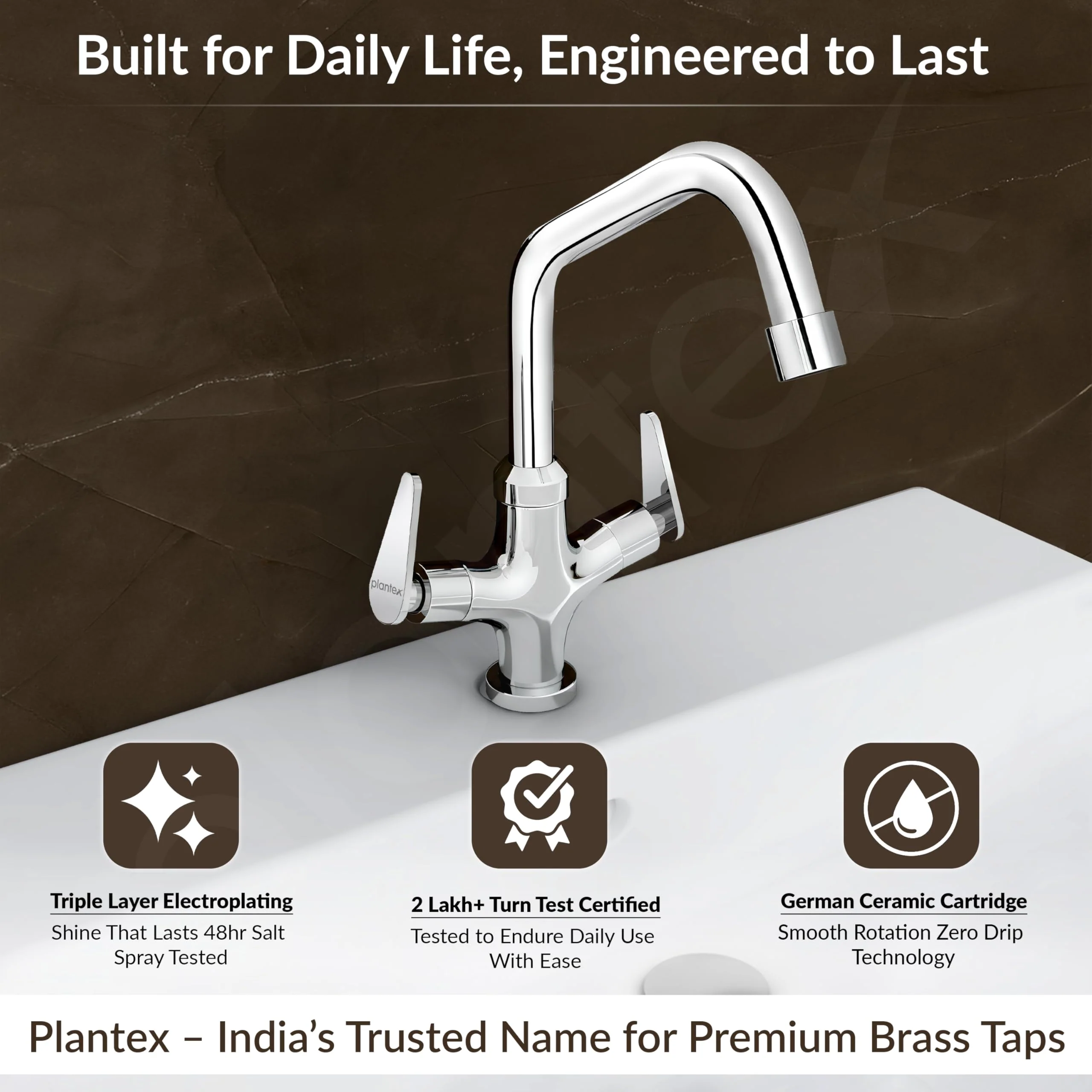 Plantex Pure Brass Basin Mixer Hot & Cold Water Tap/Basin Tap with Teflon Tape/360° Swivel Spout Tap for Wash Basin-7 Year Warranty (LEA-709-Chrome) - Image 2